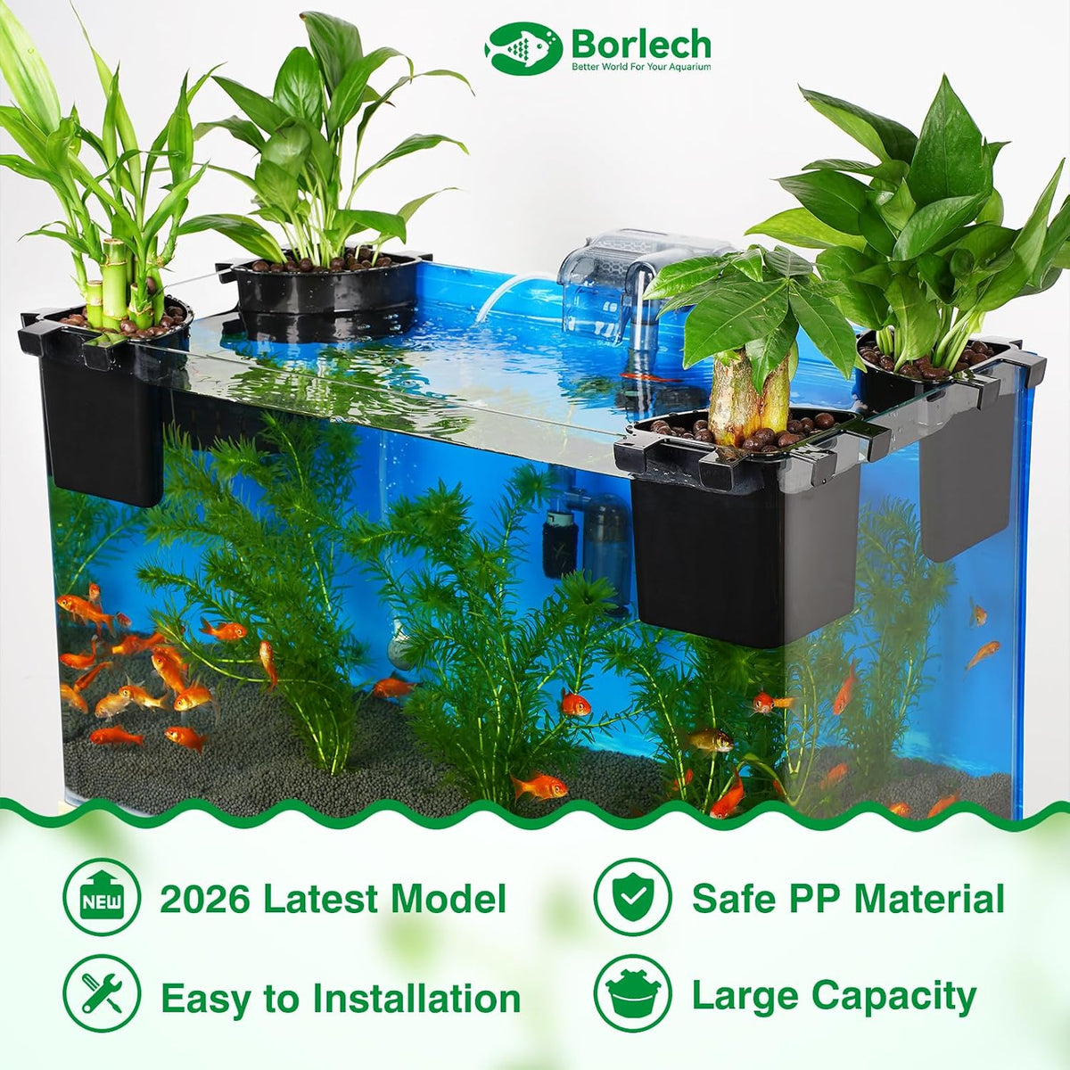Borlech 2026 Latest Model Large Aquarium Corner Planter Hanging Plant Holder for Fish Tank Aquaponic Plant Cultivation and Aquascape Accessories Decorations (4 Pack) Black