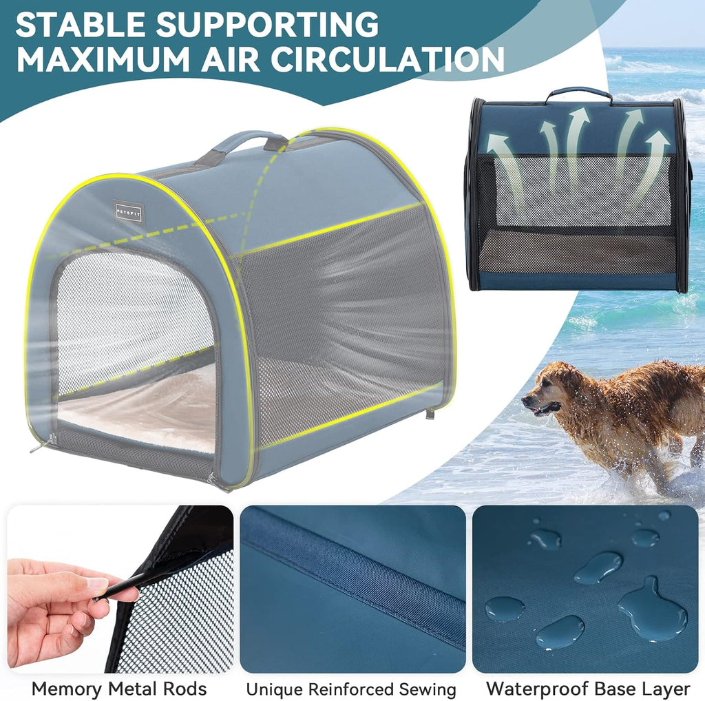 PETSFIT Portable Dog Crate, Travel Dog Crate - 19 Inch Lightweight, Roomy, Easy to Set Up, Sturdy Collapsible Dog Kennel with Thick Mat, Navy Blue