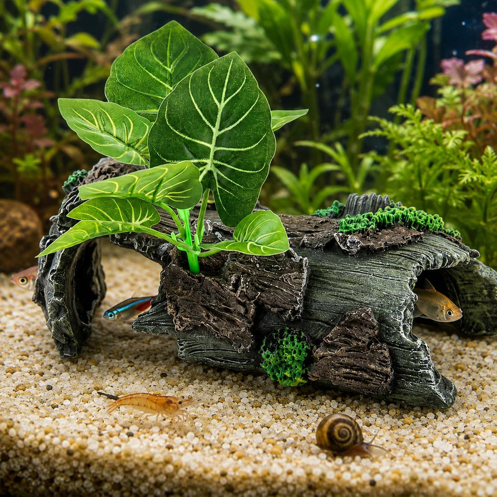 9.25" Large Aquarium Decor Hideout Cave Resin Hollow Tree Trunk with Plant