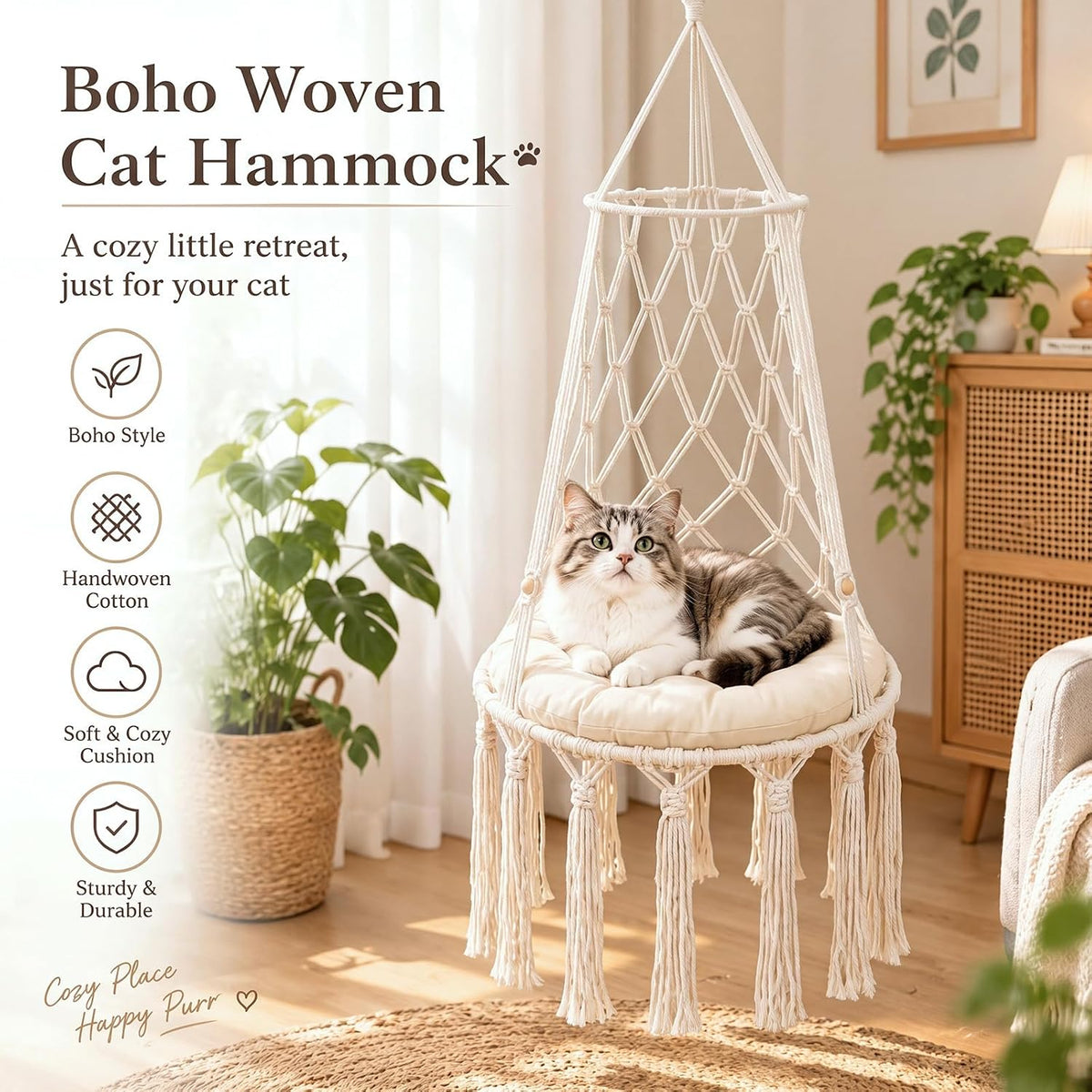 Briwooody Extra-large 2 Pcs Cat Hammock Hanging Cat Bed with Thick Cushion