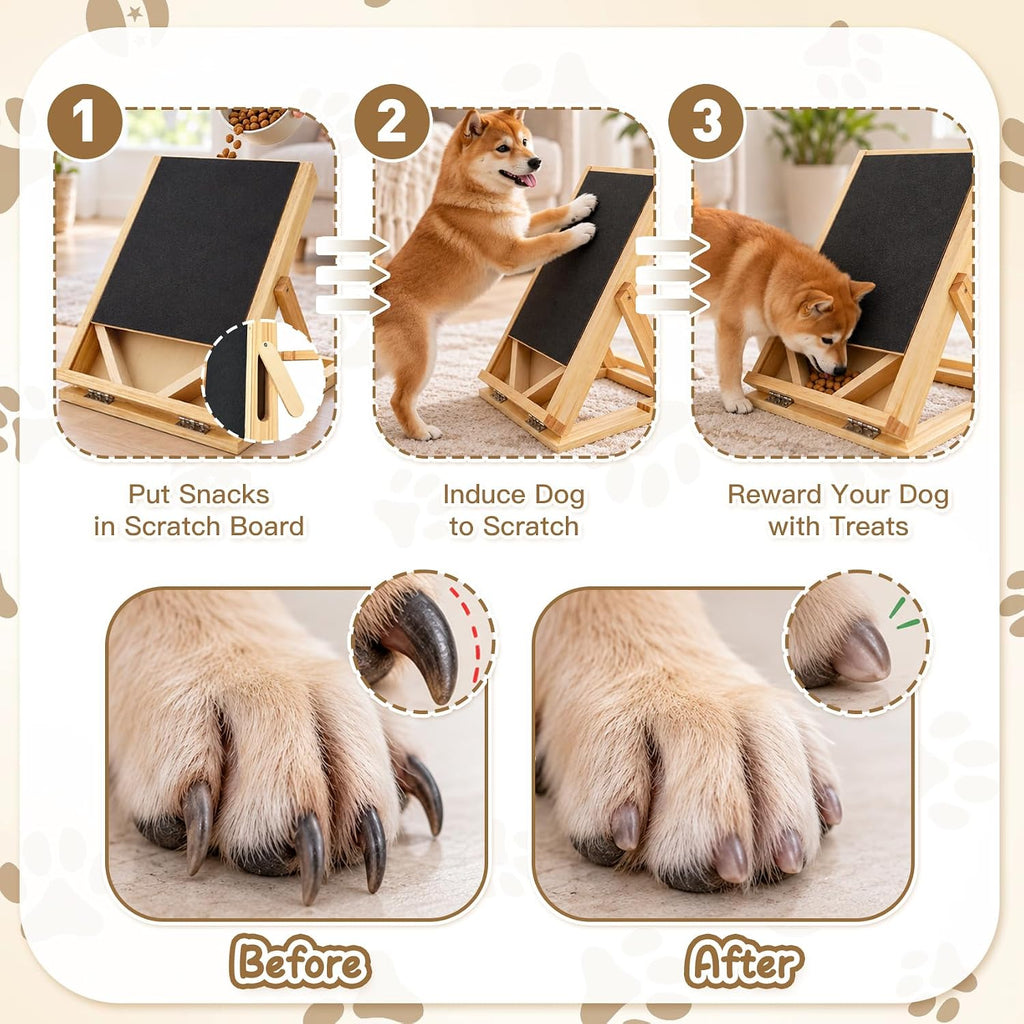 Dog Scratch Board with Treat Box, Adjustable Wooden Nail File Pad