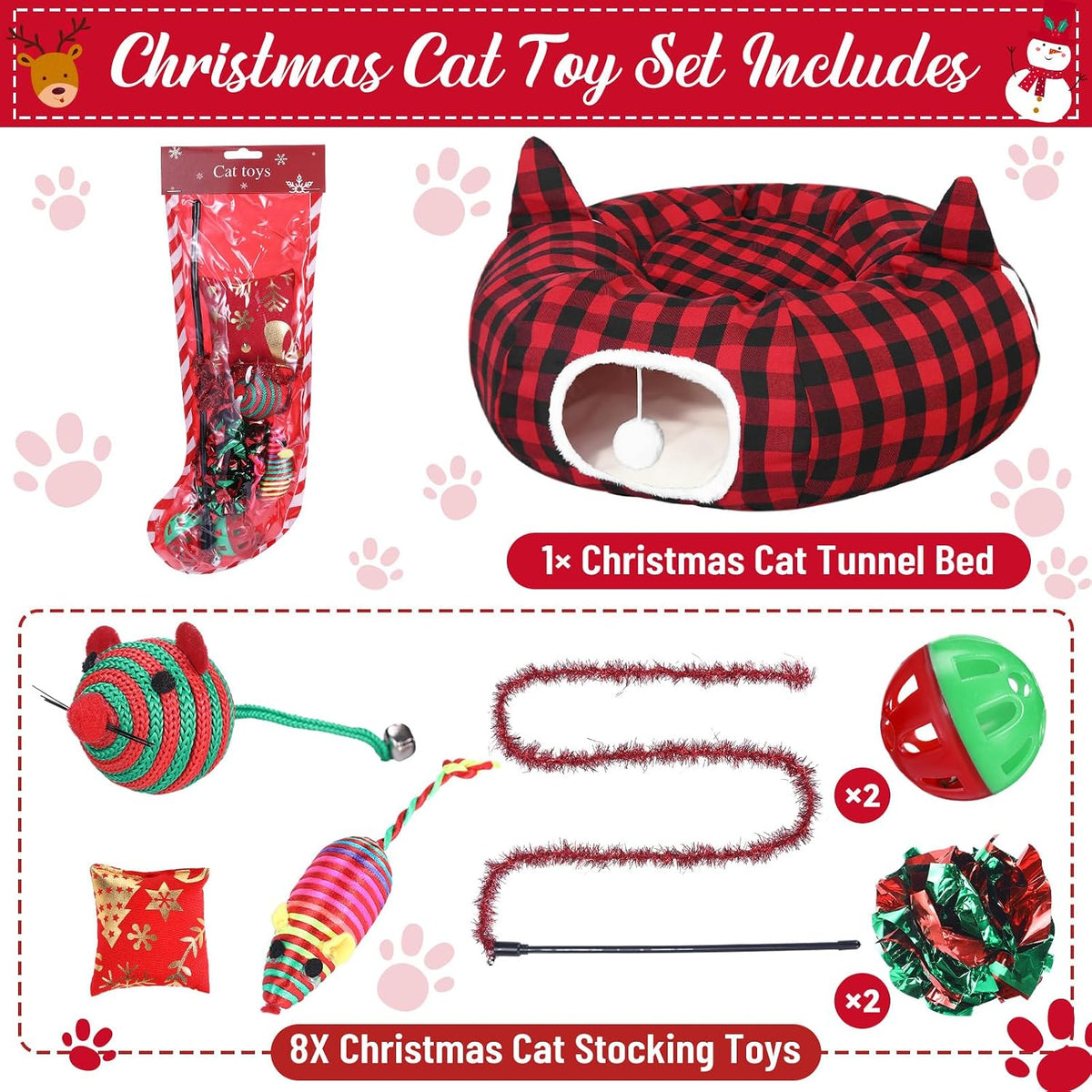 Dansydaisy Cat Tunnel Christmas Tree Skirt, Plaid Buffalo Cat Tunnel Bed with Toys, Hanging Pom Ball Plush Washable Cushion and Dangling Balls 3FT Peekaboo Playground for Small Rabbit Xmas Decor