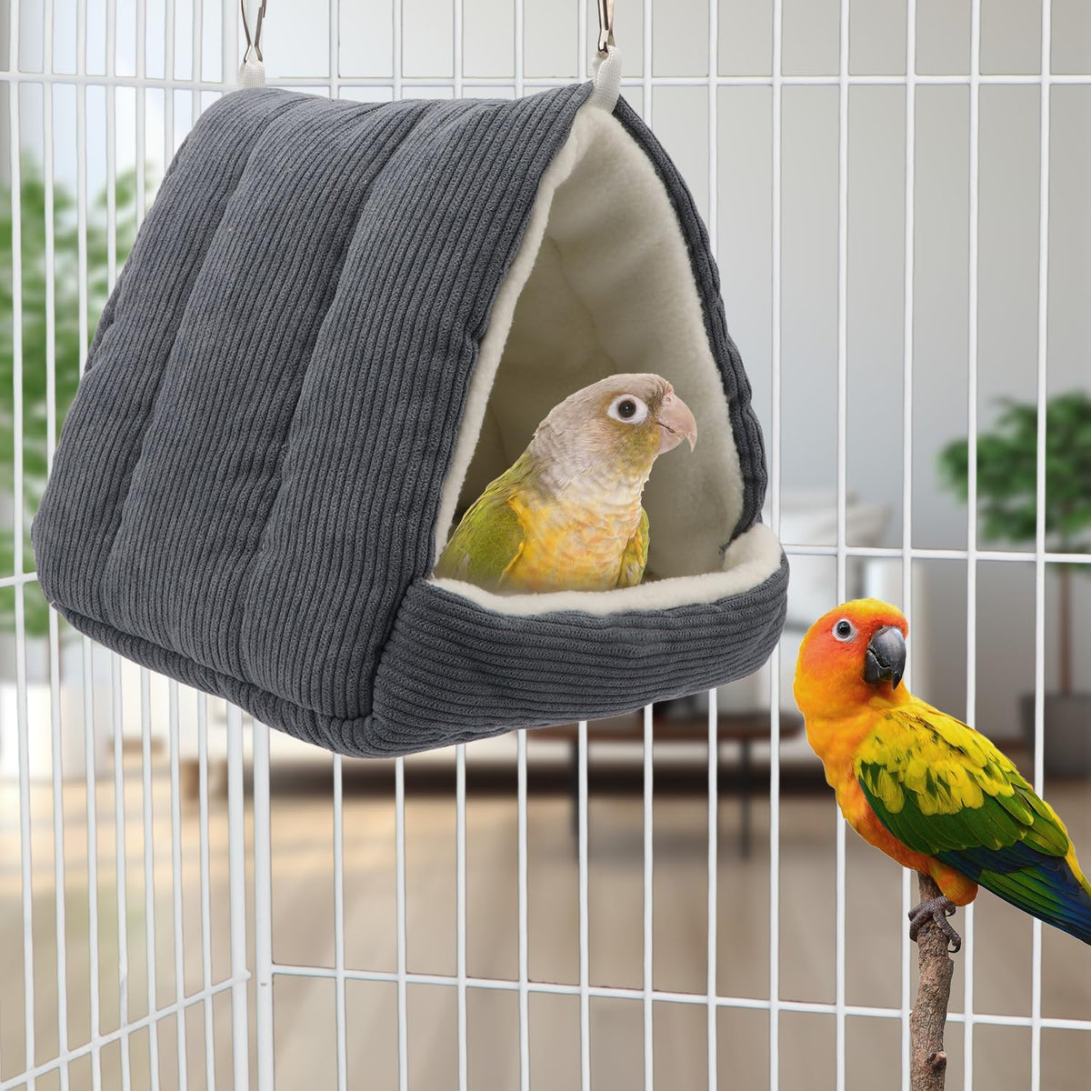 Winter Warm Bird Bed House for Cage, Hanging Hammock, Gray