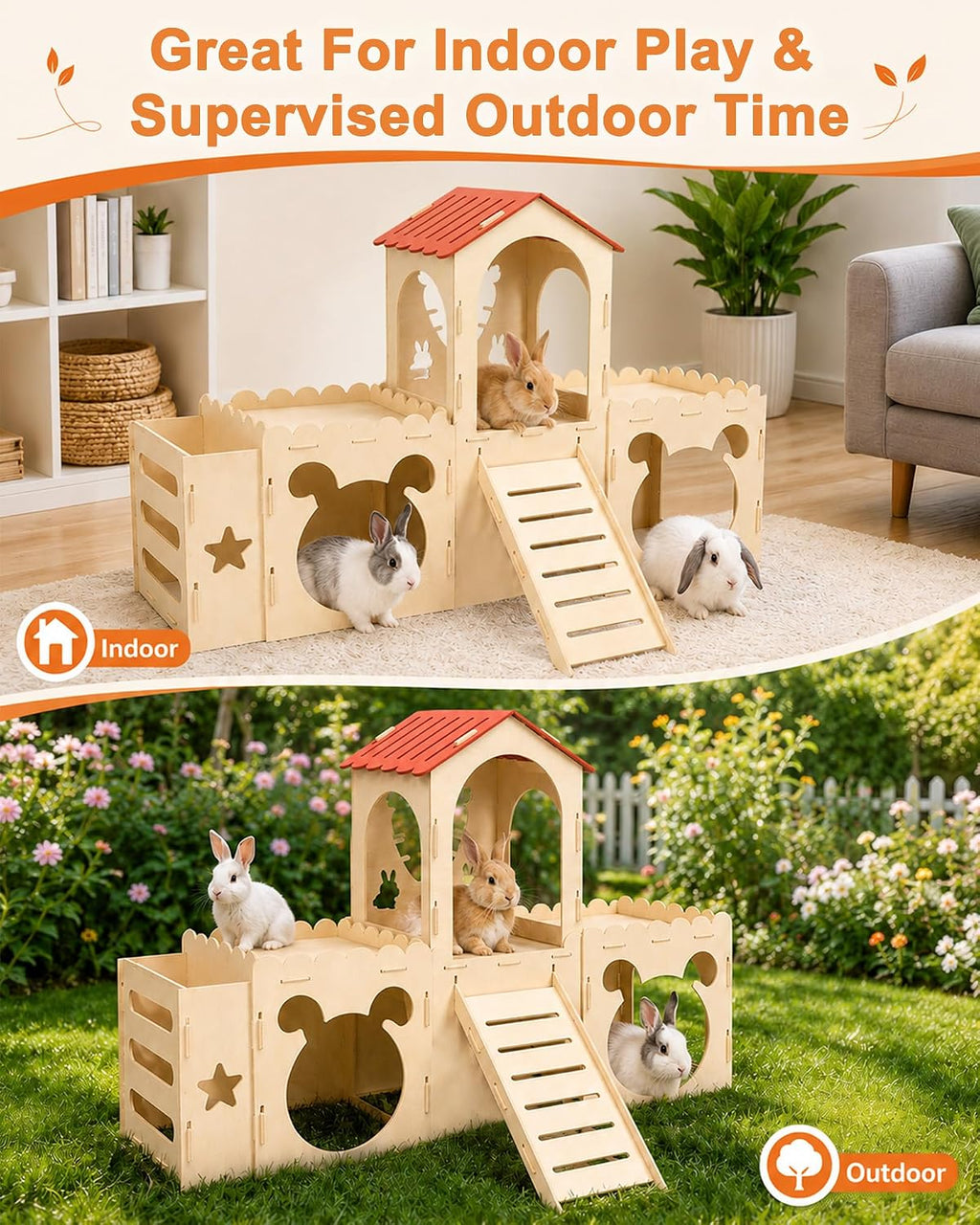 Extra Large Rabbit Castle with 2 Soft Fleece Mats and Hay Feeder,