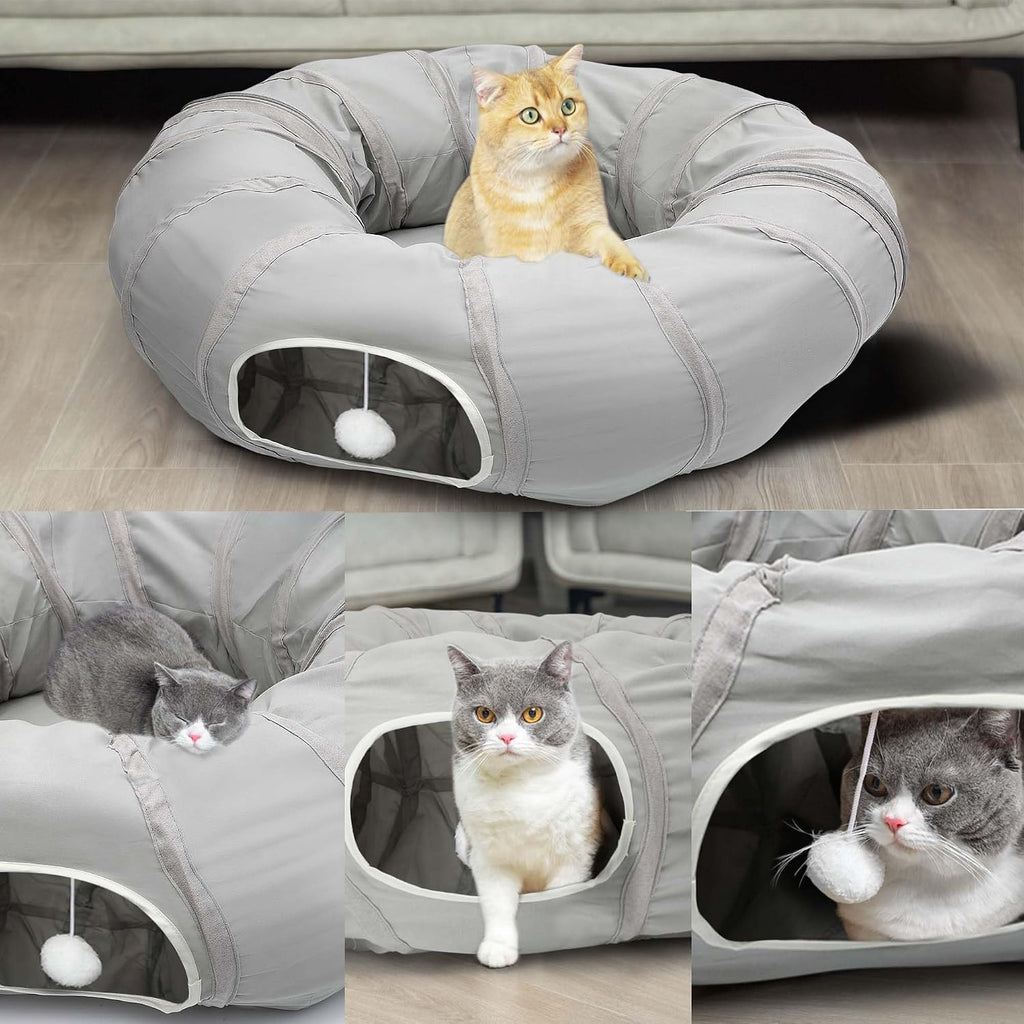 AUOON Cat Tunnel with Bed for Kitten Puppy Rabbit Ferret, Light Grey
