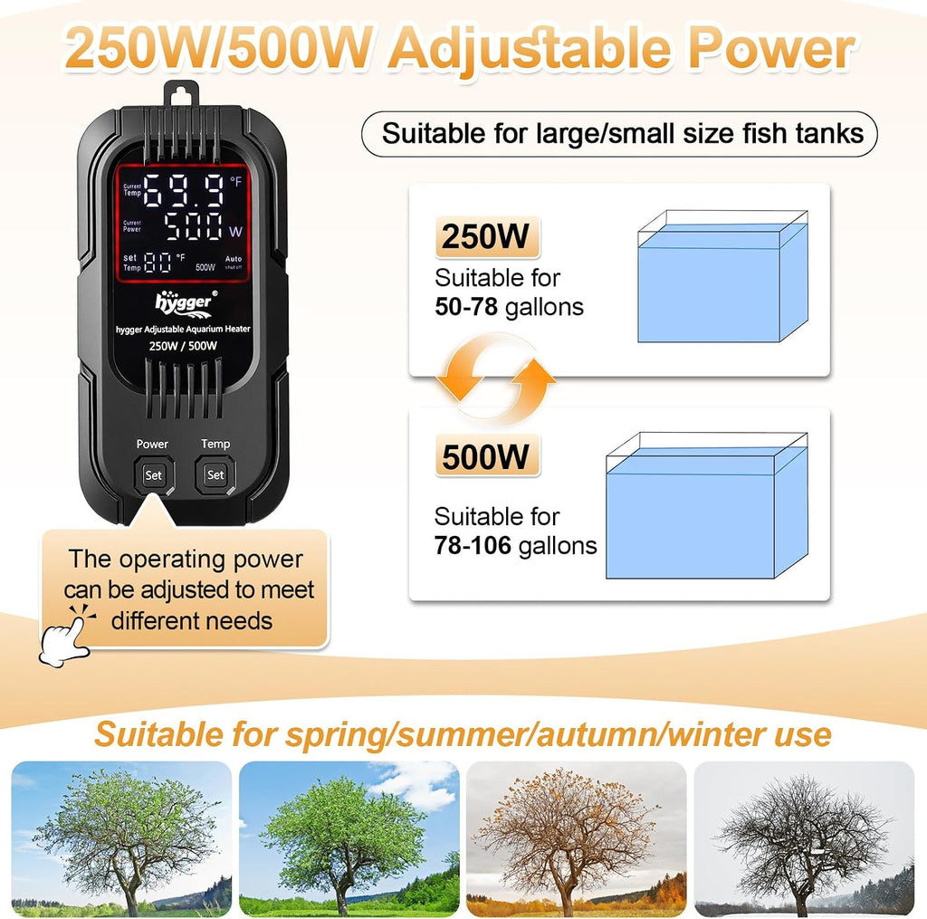 hygger Aquarium Heater, 250W/500W Adjustable Power Fish Tank Heater with Digital Display External Controller, Automatic Power-Off Protection Heater for 50-106 Gallons Freshwater and Saltwater Tank