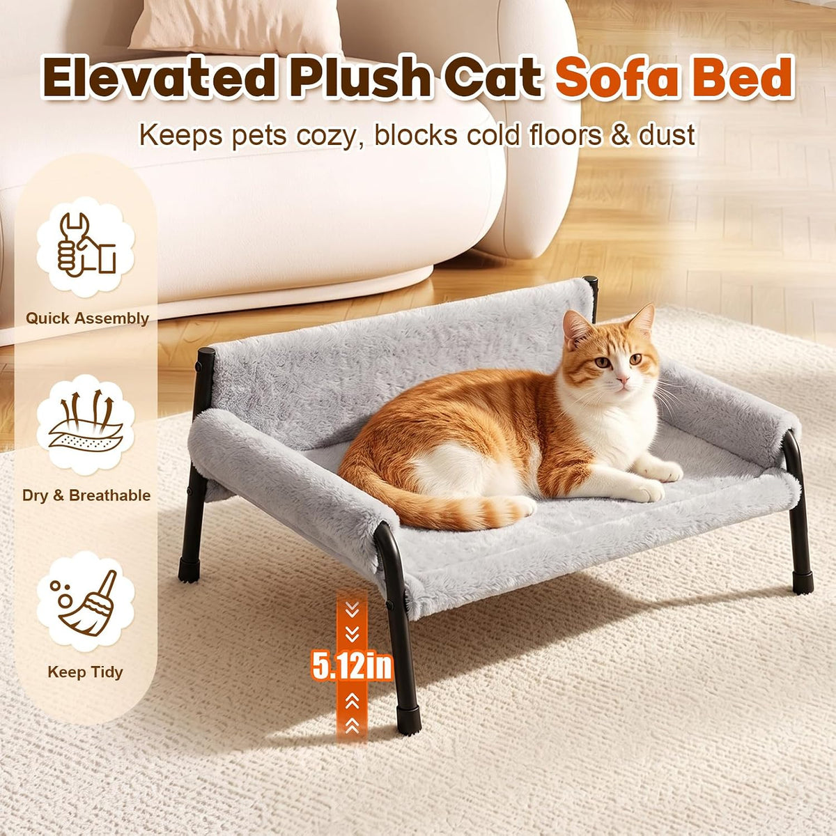 Elevated Cat Couch Bed for Indoor Cats, Metal Frame Cat Sofa Up to 60 Lbs