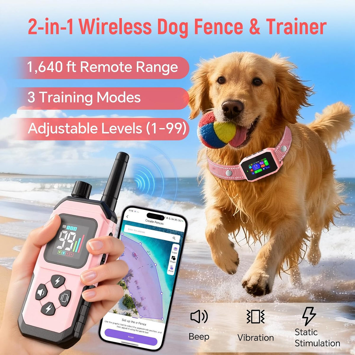 GPS Wireless Dog Fence with Remote Training Collar, Free App Control, Custom Polygon Boundary, No Monthly Subscription, Virtual Fence for Dogs 10-120 lbs, Pink
