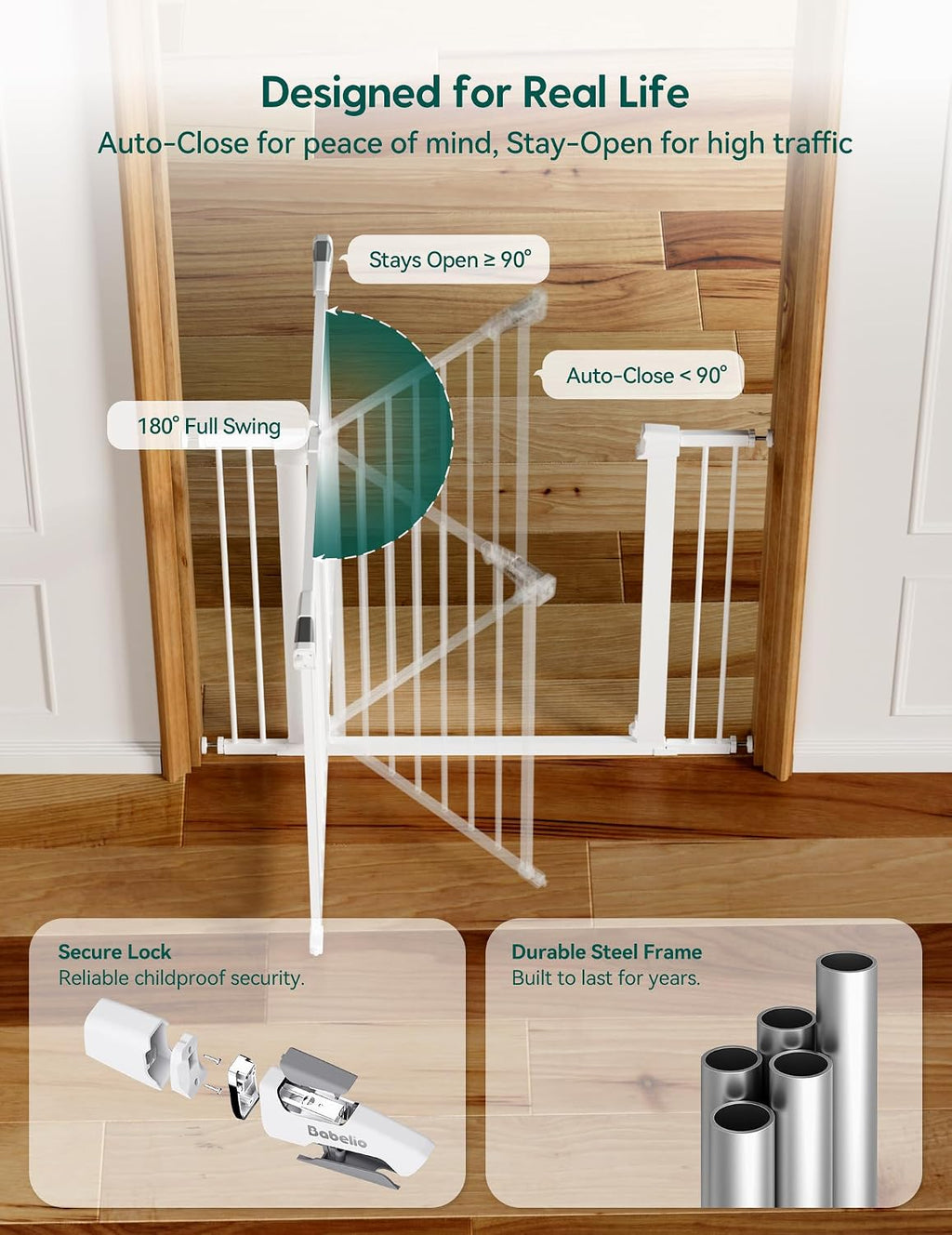 Babelio 29-55" Extra Wide Baby Gate with Door, PressGuard P7, White