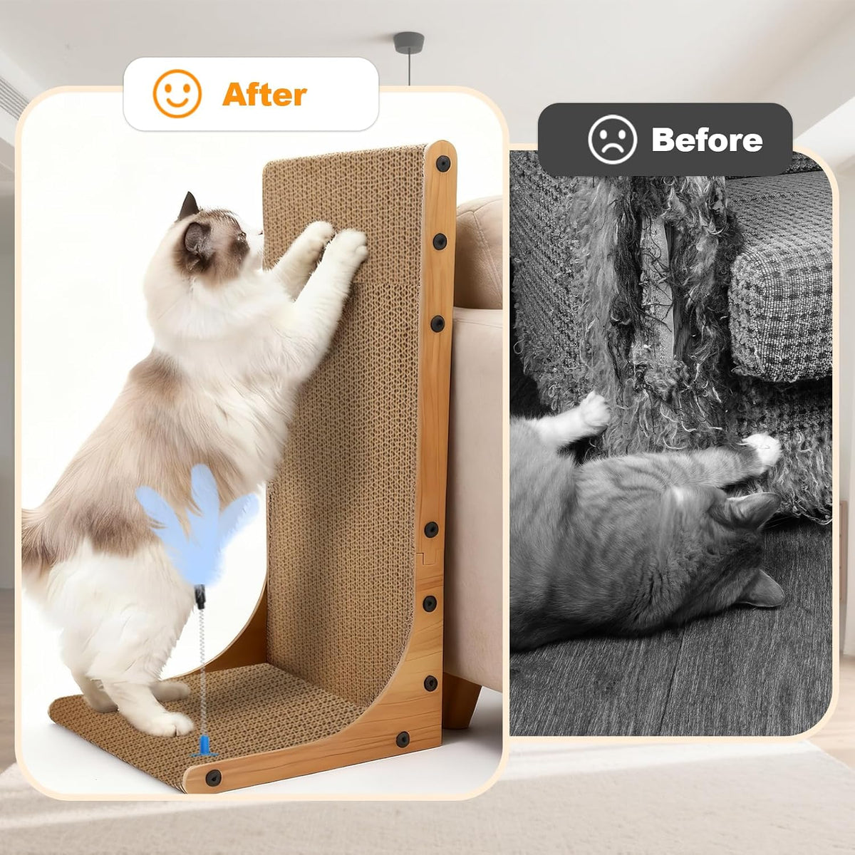 Cat Scratching Post, 3-in1 Cat Scratcher for Indoor Cats, 2PK 22in L-Shaped Scratching Board with 1PK Cardboard Box Scratch Pad, Cats Scratch Furniture Protector with Feathered Toy