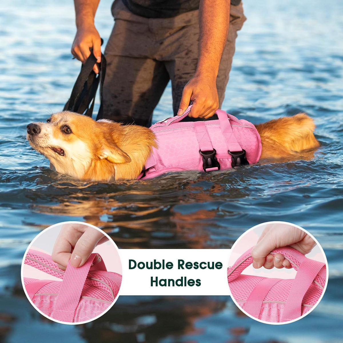 Kuoser Dog Life Jacket, High Flotation Reflective Dog Life Vest, Pink, M