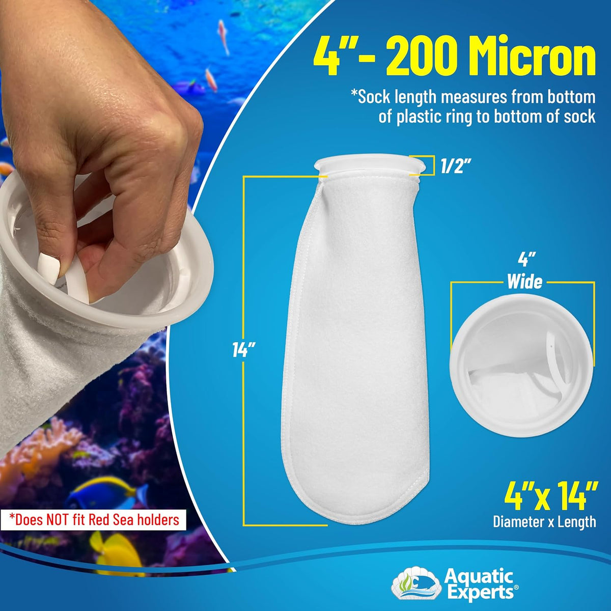 Aquatic Experts Felt Filter Socks – 4 Inch Ring Style, 200 Micron Aquarium Filter Sock for Sumps & Aquariums (4" x 14", 2 Pack)