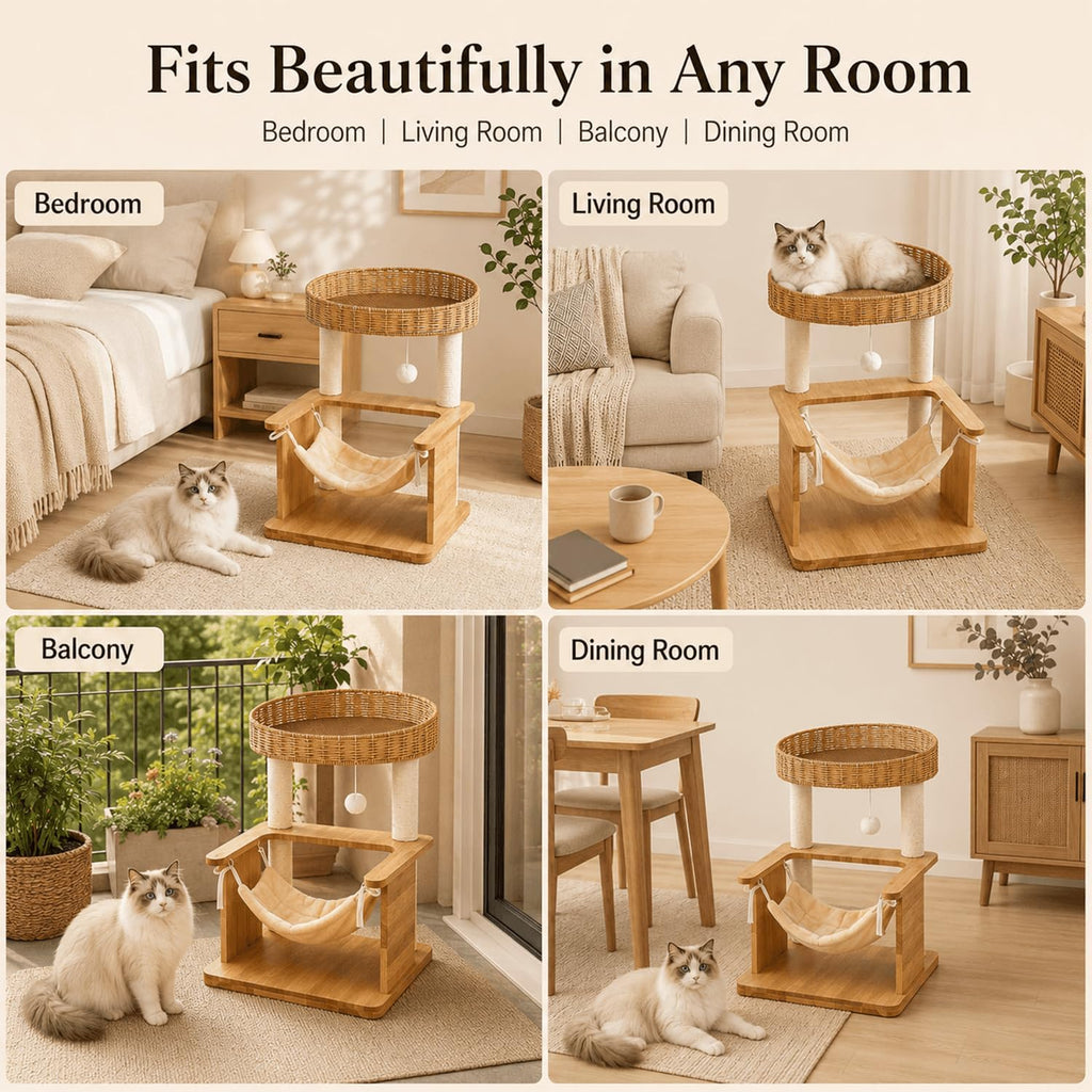 Solid Wood Cat Tree for Indoor Cats,28in Compact Cat Tower