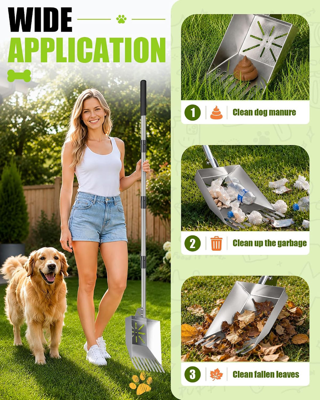 71" Stainless Steel Pooper Scooper, 3-Adjustable Angle Dog Shovel & Rake