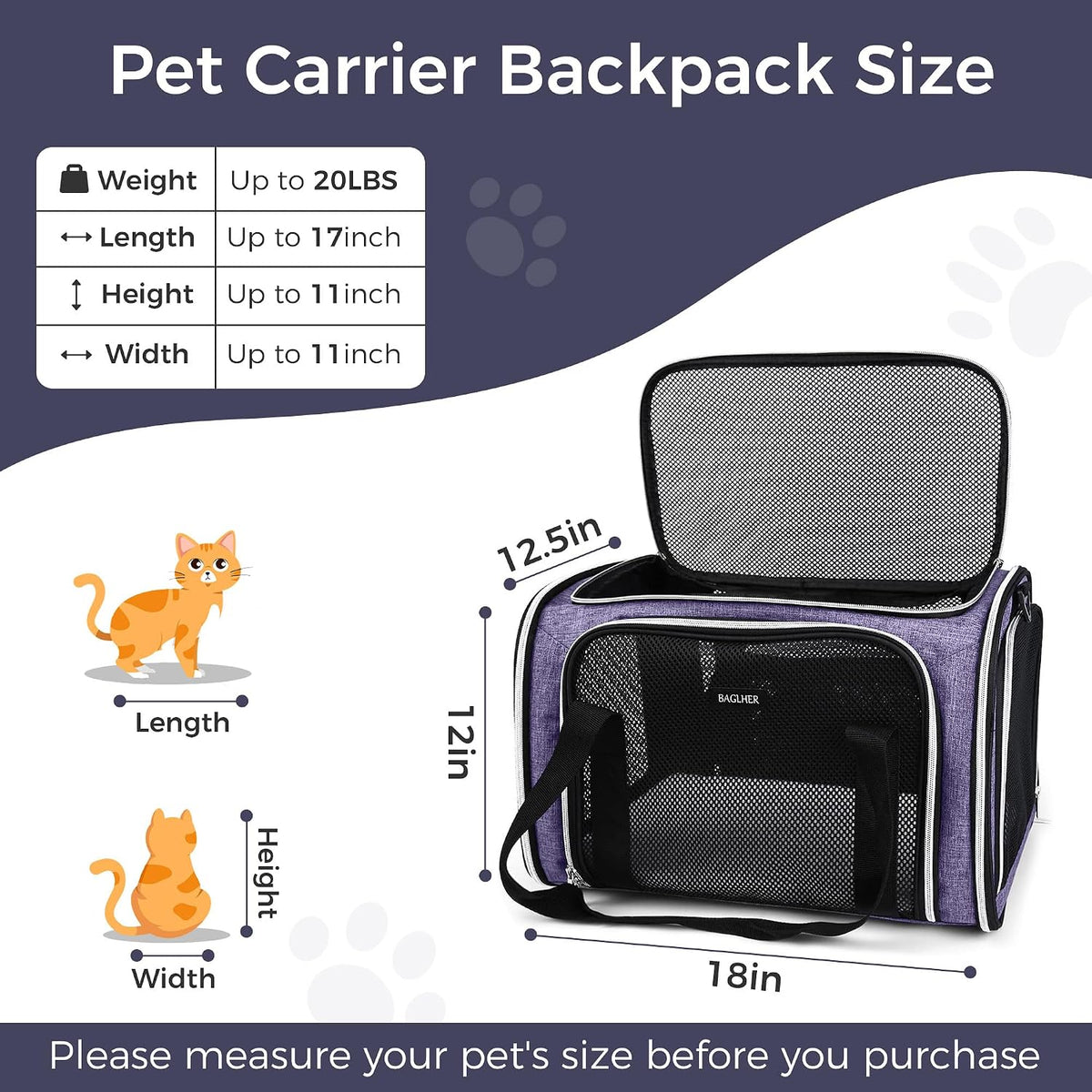 Soft Pet Carrier for Cats & Small Dogs, Airline Approved, 18 lbs, Purple