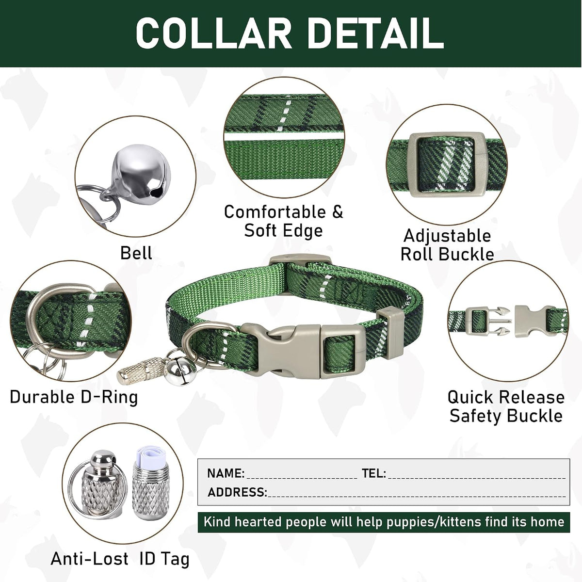 GAMUDA Small Pet Harness Collar and Leash Set, Step in No Chock No Pull Soft Mesh Adjustable Dog Vest Harnesses Plaid Reflective for Dogs Puppy Cats Kitten Rabbit (Green, L)