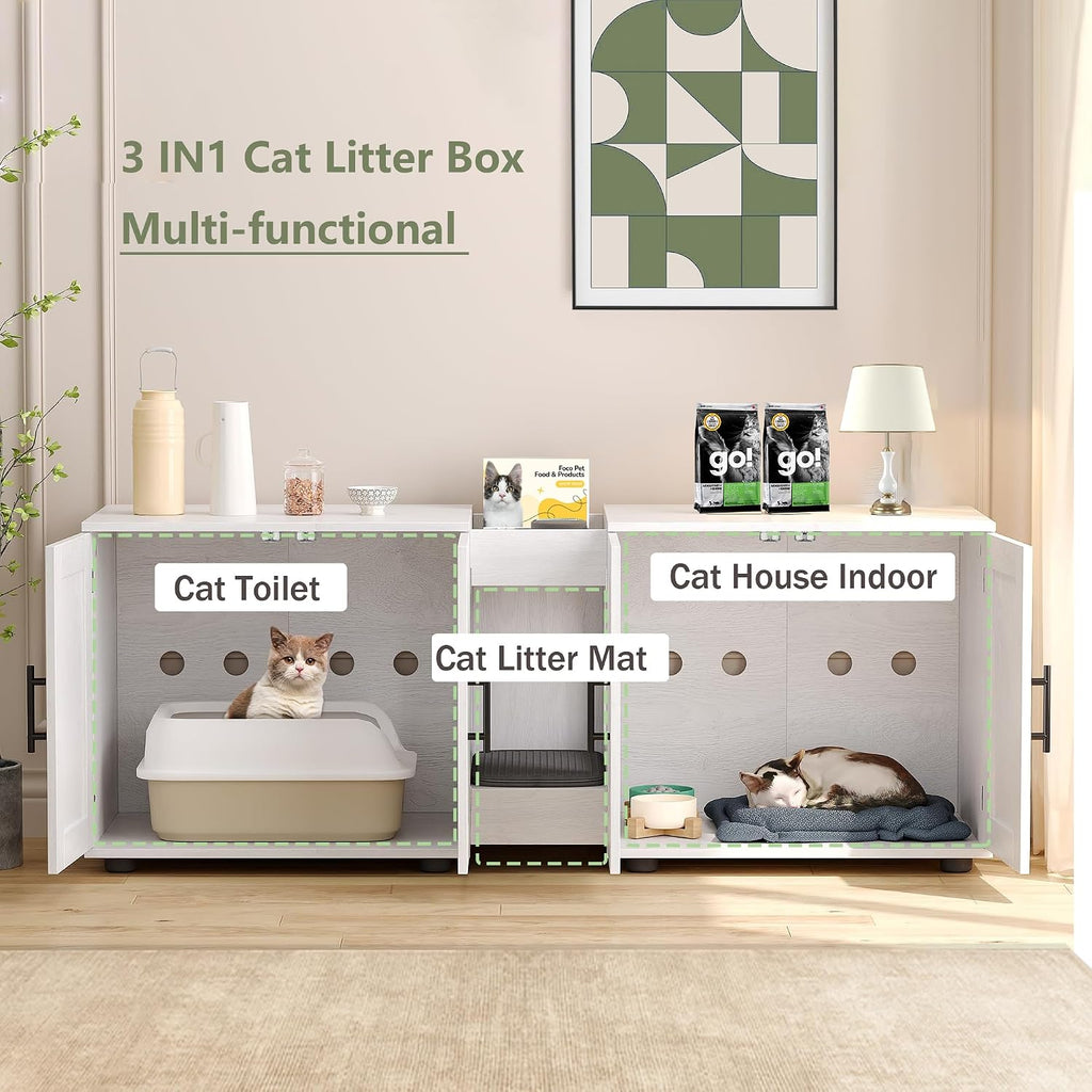 Cat Litter Box Enclosure, 55“ Large Hidden Litter Box Furniture with Double RoomsFarmhouse Wooden Cat Washroom for Bedroom Living Room, White