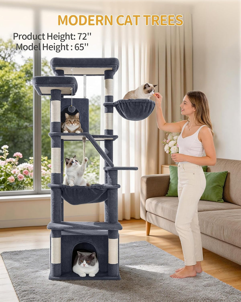 Hzuaneri Large Cat Tree, 72 Inch Tall Multi-Level Cat Tower for Indoor Cats