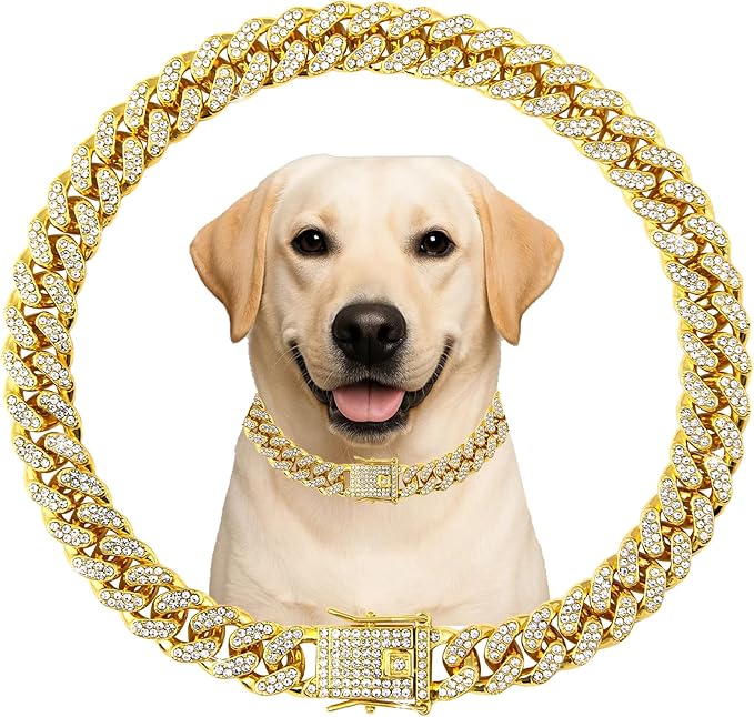 Diamond Cuban Style Dog Chain Collar Bling Gold Walking Necklace by Unknown