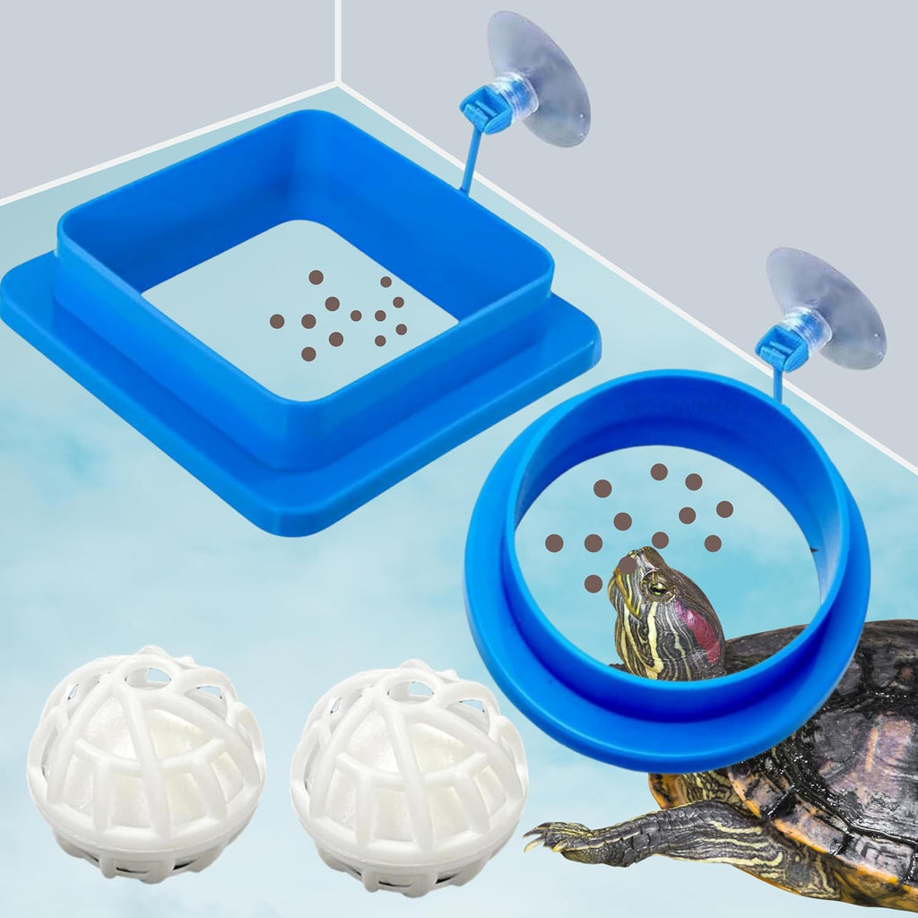 2pcs Aquatic Turtle Tank Accessories Feeding Ring and 2pcs Nitrifying Balls Set, Fish Food Holder and Aquatic Toys for Turtles Tortoise Goldfish Guppy Koi Puffer (Blue, Square+Round)