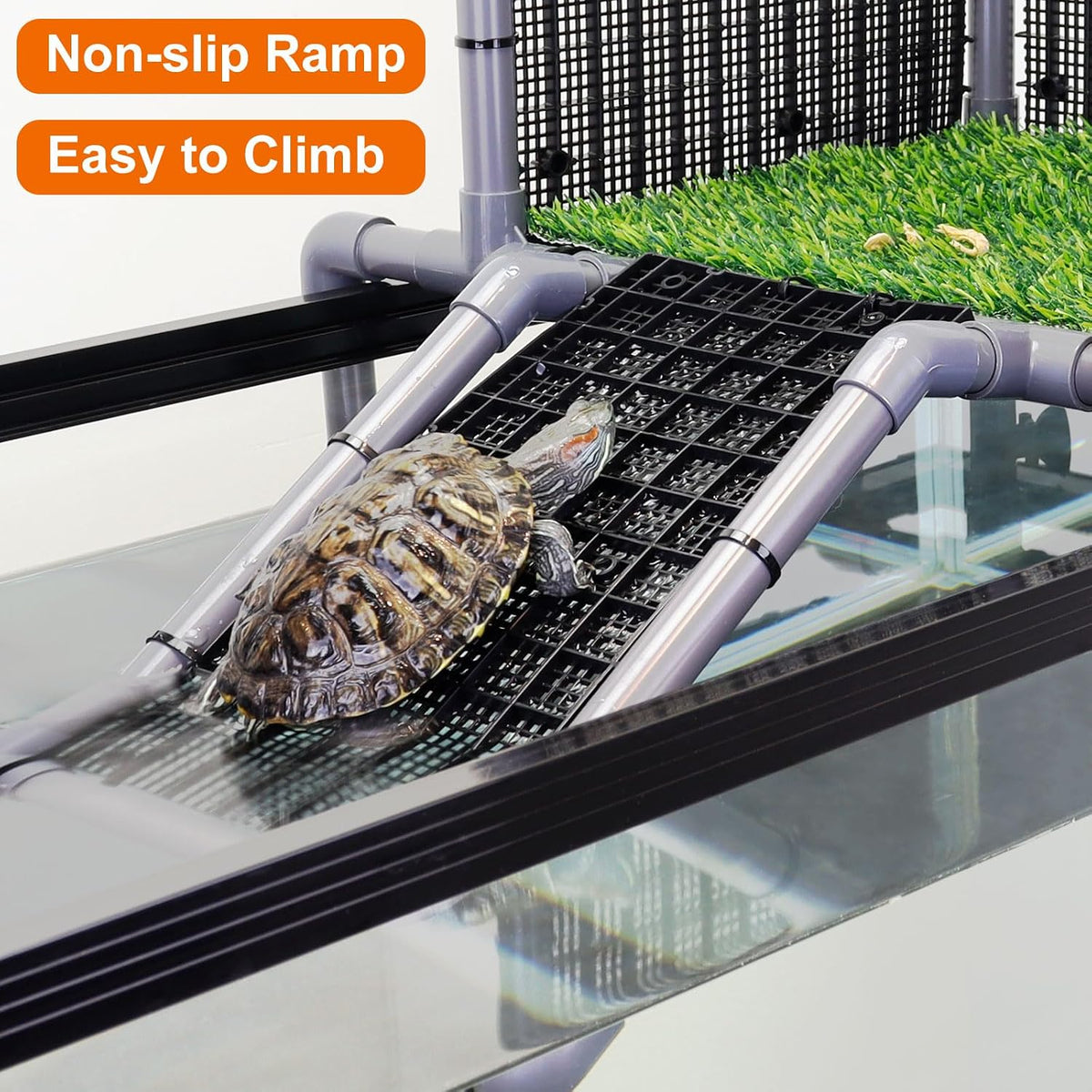 Extra Large Turtle Basking Platform, RES Basking Dock, Above Tank Dry Resting Area with Artificial Grass, Non-Slip Aquatic Turtles Ramp, Turtle Accessories for 75/90/125 Gal