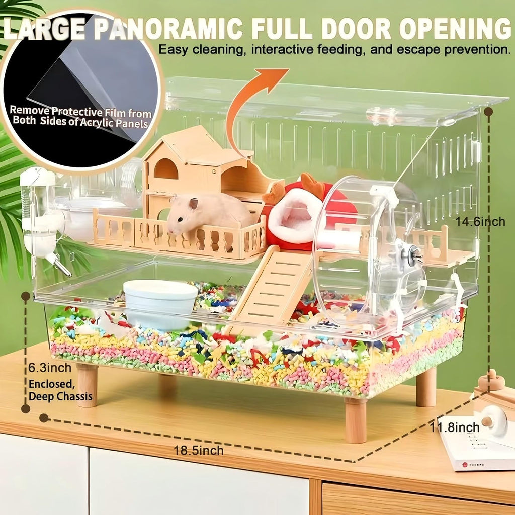 8 in 1 Acrylic Hamster Cage with All Accessories,18.5"x11.8"x14.6",2-Layer Hamster House with Full Transparent Viewing,Top Open Mouse Cage for Pet Mice,Hamster Habitat for Dwarf Hamster,Gerbils