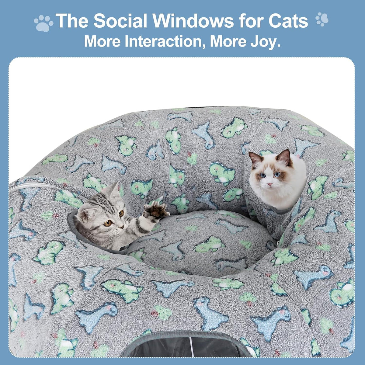 Cat Tunnel Bed, Foldable Cat Donut Tunnel with Removable Cushion & Toy Ball, Stress Relief Fun, Round Pet Play Tunnel for Indoor Cats, Kittens and Small Pets (3D Dinosaur Pattern)