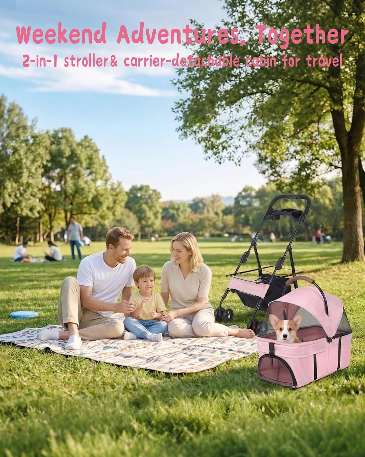 Pet Stroller, 3 in1 Foldable Dog Cat Stroller with Detachable Carrier-35lbs