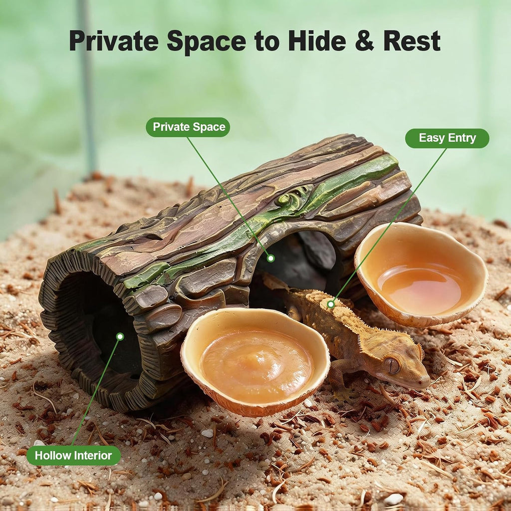 2-in-1 Magnetic Reptile Hide Cave with Dual Feeding Bowls