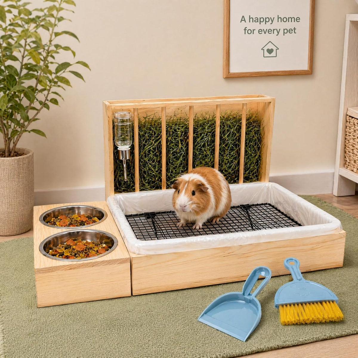 3 in 1 Rabbit Hay Feeder with Litter Box and 2 Bowls, Solid Wood Bunny Feeder Station with Adjustable Metal Hay Rack, Water Feeder, Cleaning Kit for Rabbits, Guinea Pigs, Chinchillas, Hamsters