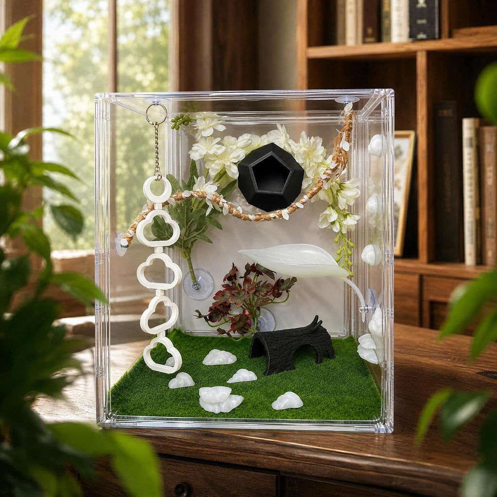 9-Piece Crested Gecko Tank Accessories Set, White Reptile Terrarium Decor with Bendable Vines, Artificial Plants, Climbing Ladder, Leaf Platform and Hideouts for Geckos and Lizards