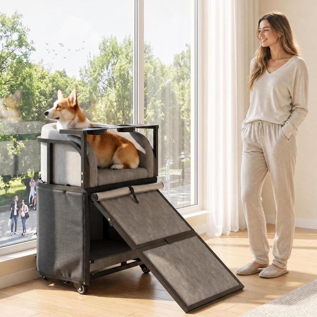 Dog Window Perch with Stairs – 6-in-1 Velvet Pet Sofa with Ramp, Detachable Feeding Tray, Privacy Blackout Curtain, 360° Locking Wheels & Memory Foam Cushion for Small Dogs and Cats.
