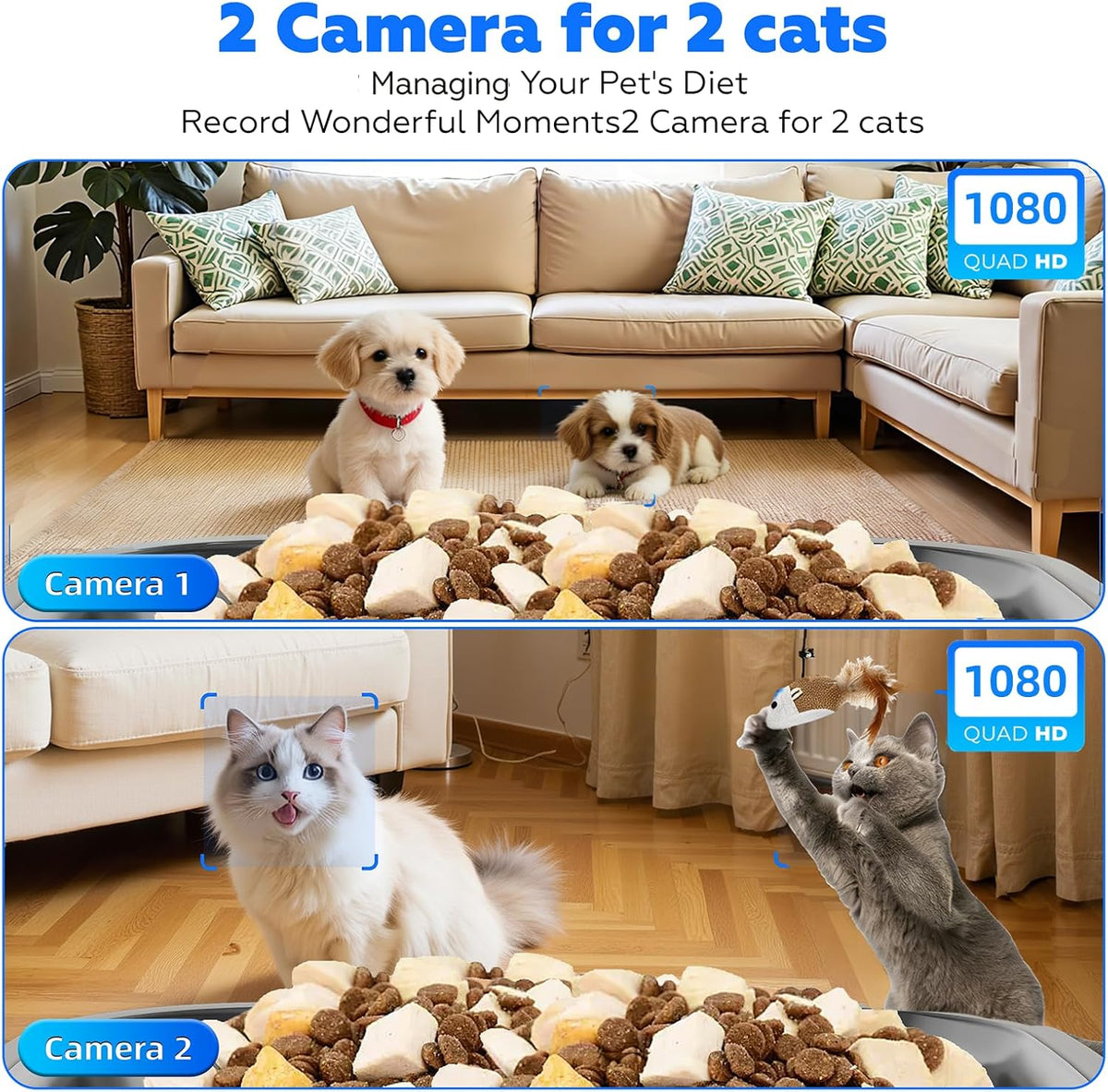 Automatic Cat Feeder with 2 HD Camera for 2 Cats, 7L Large Food Dispenser