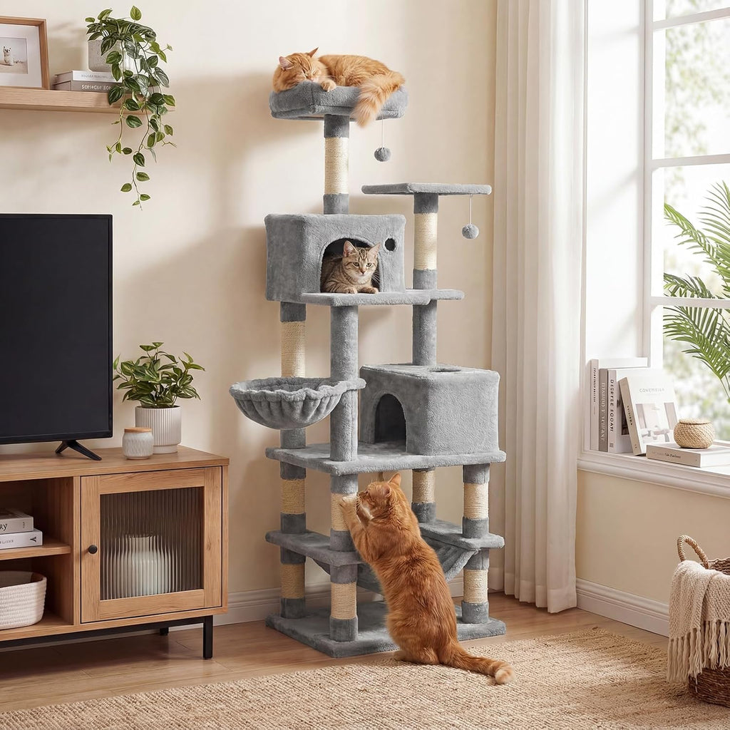 DORTALA Cat Tree for Indoor Cats, 66" Tall Cat Tower with 2 Condos, Sisal Scratching Posts, Plush Perch, Hammock, Dangling Balls, Multi-Level Pet Climbing Furniture Activity Center (Light Gray)