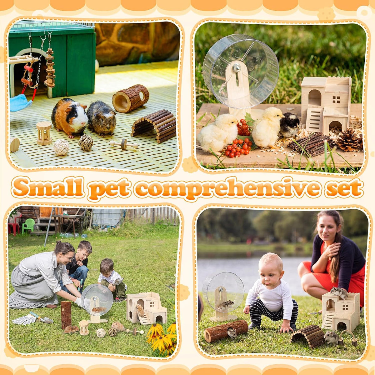 15 Pcs Hamster Cage Accessories Set, Wooden Hamster House, 9.45 Inch Silent Running Wheel, Swing, Tunnel, Chew Toys & Hideout for Dwarf Hamsters, Gerbils, Syrian Hamsters Animals Habitat