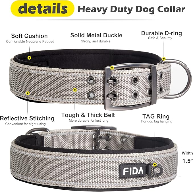 Fida Heavy Duty Dog Collar 1.5” Width, Ultra Soft Neoprene Padded, Adjustable - Image 3