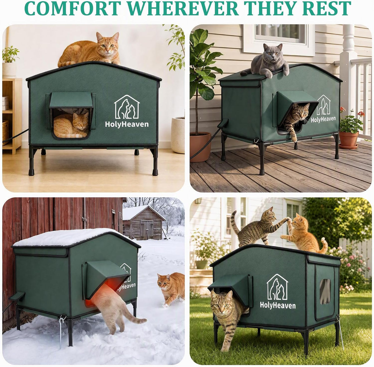 Extra Large PU Leather Heated Cat House for Outside, Waterproof Cat Houses for Outdoor Cats with Heating Pad & Escape Door, Elevated Feral Cat House for Outdoor Cats, 27.95 x 18.9 x 16.5 in (Green)
