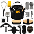 Horse Grooming Kit For Care Bathing & Shedding Brushes & Curry Combs with Organizer Bucket & Silicone Grooming Gloves All-in-One Supplies for Enthusiasts & Professionals