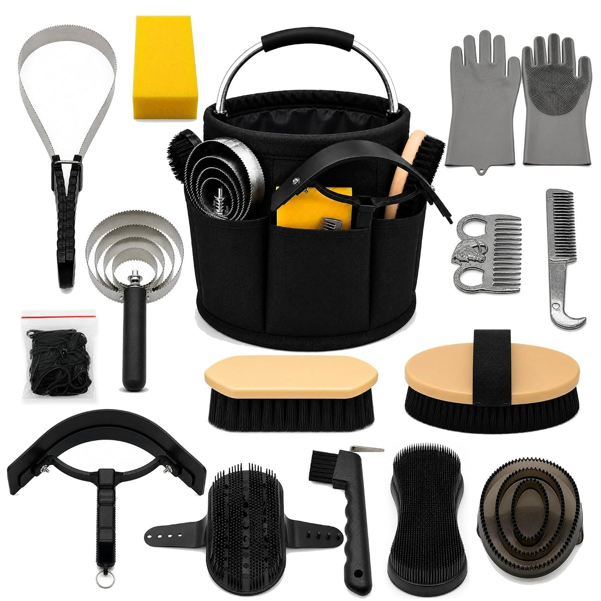 Horse Grooming Kit For Care Bathing & Shedding Brushes & Curry Combs with Organizer Bucket & Silicone Grooming Gloves All-in-One Supplies for Enthusiasts & Professionals