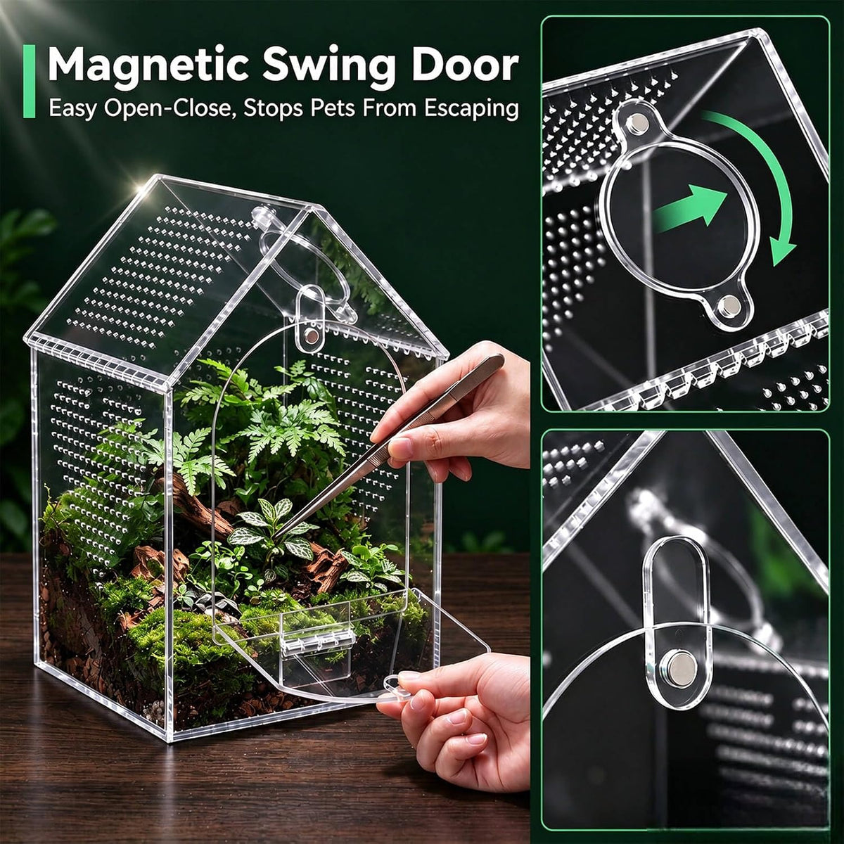 Jumping Spider Enclosure, Clear Acrylic Arboreal Terrarium with Front Opening Door, Escape-Resistant Ventilation, Starter Habitat Kit with Accessories for Sling, Baby Spiders and Praying Mantis