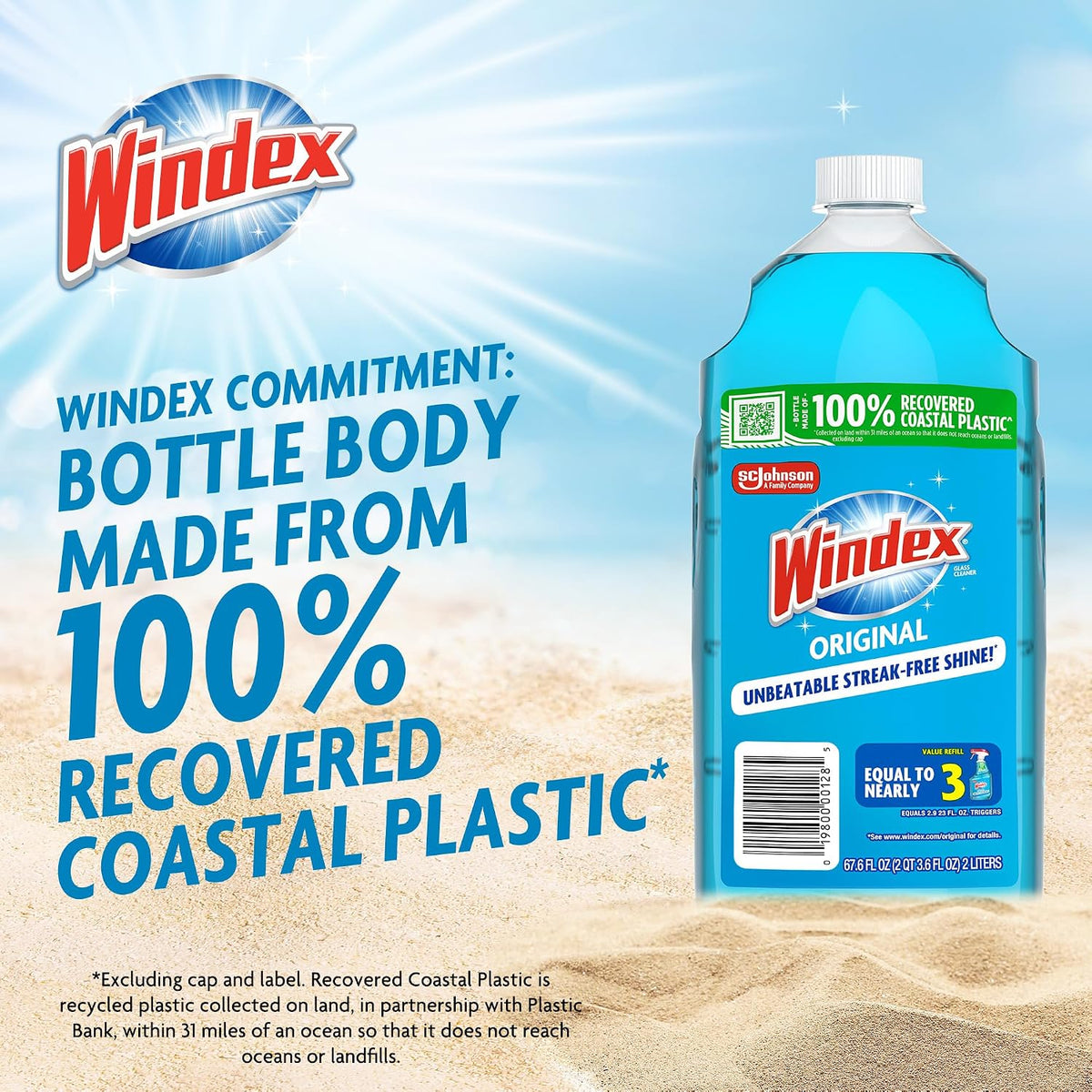 Windex Refill Glass and Window Cleaner Bottle, Bottle Made from 100% Recycled Plastic, Surface Cleaning Spray, Original Blue Scent, 2L (67.6 Fl Oz) (Pack of 2)