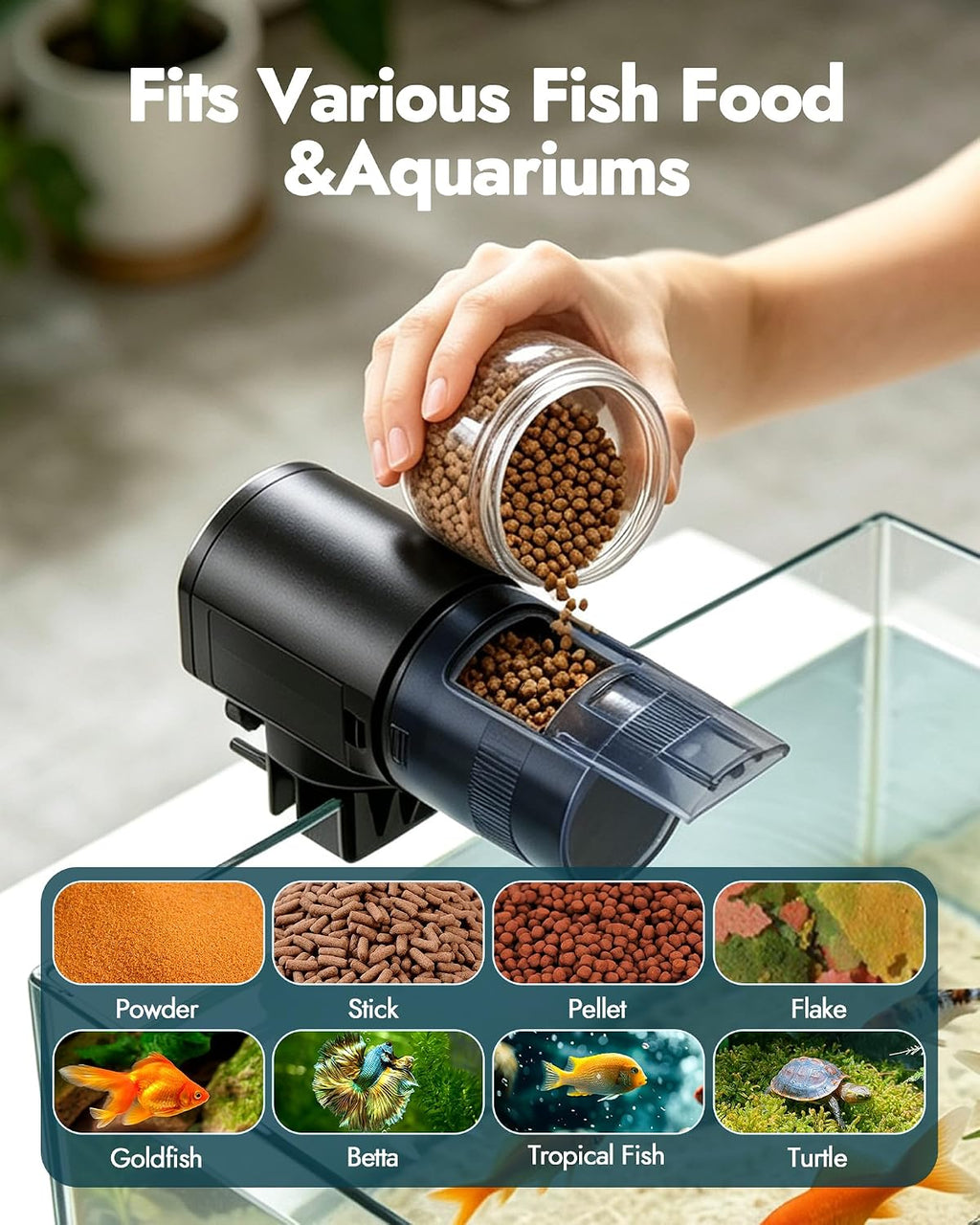 Automatic Fish Feeder Dispenser for Aquarium: 200ml Large Capacity Auto Feeders for Small Tank Turtle Betta Koi - Battery Food Feeding Timer for Flakes Pellet Vacation Weekend Day