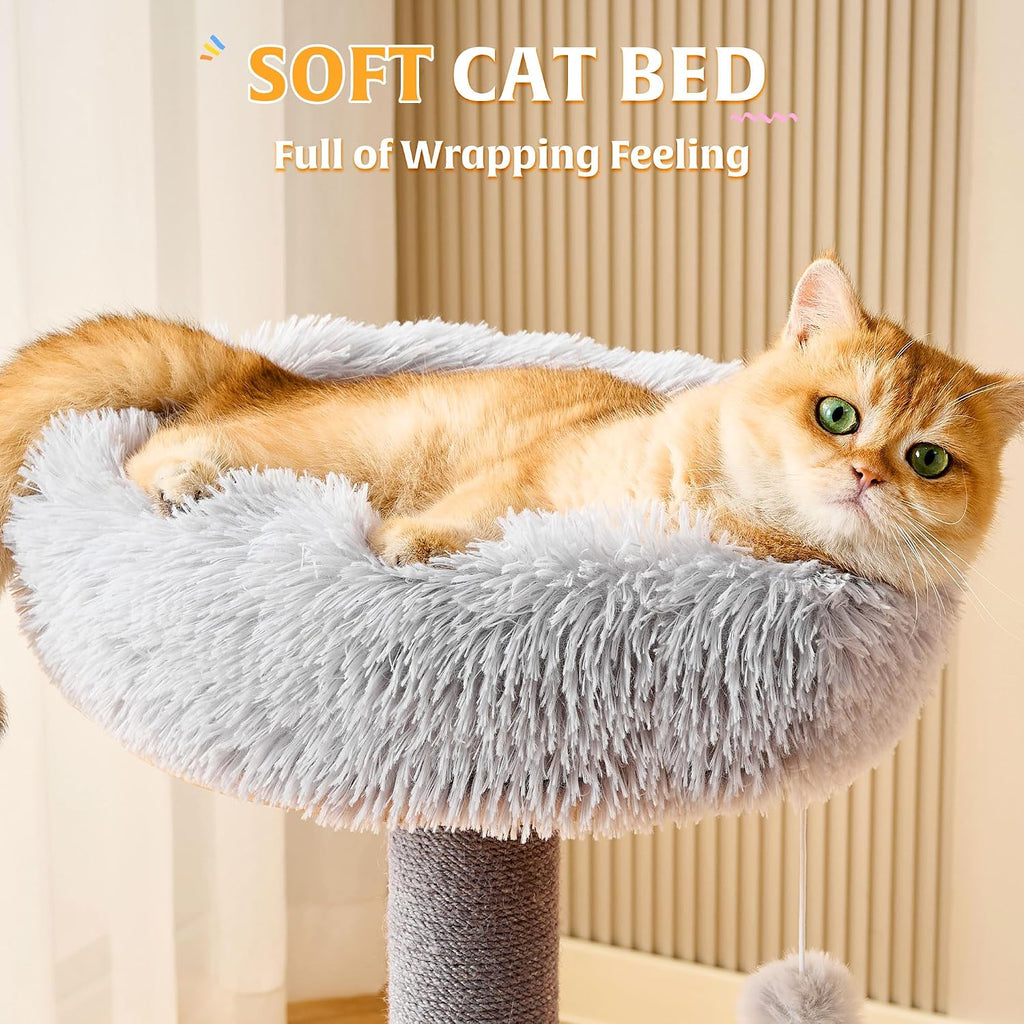 Solid Wood Cat Tree Tower with Scratching Post, 52 Inches Tall Cat Towers with Scratching Board and Scratcher Ball, Modern Cat Tower with Space Capsule and Removable Top Bed for Indoor Cats