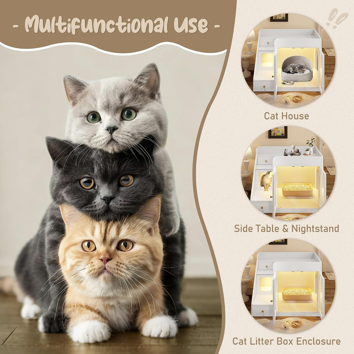 Cat Litter Box Enclosure with Light, Hidden Litter Furniture with Dual Storage Drawers, Indoor Feline House Side Table for Living Room Bedroom, Modern White Cabinet