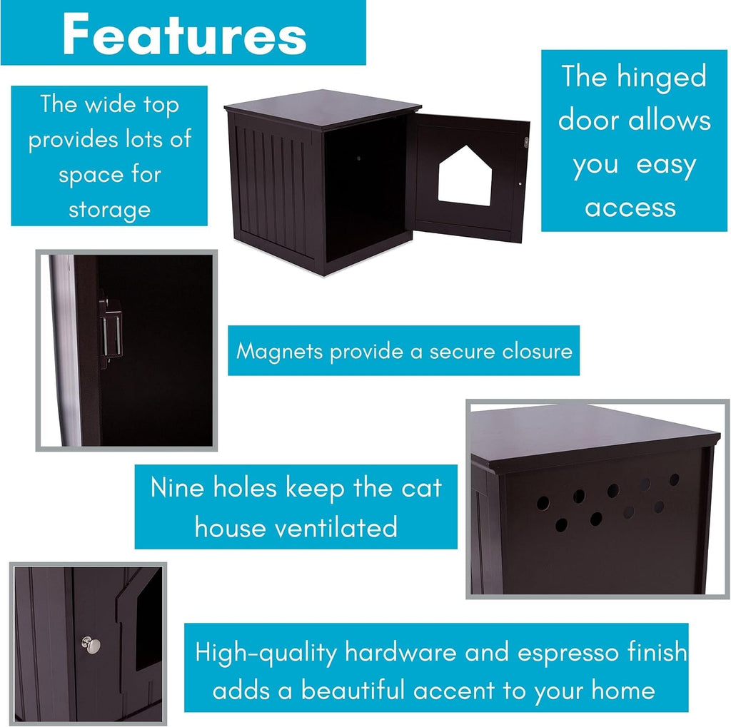 INTERNET'S BEST Decorative Cat House & Side Table, Nightstand, Pet Crate, Hidden Litter Box Enclosure, Multi-Functional Kitty Furniture, Hiding Spot, Wooden Cabinet for Cats, Kitten Home - Espresso