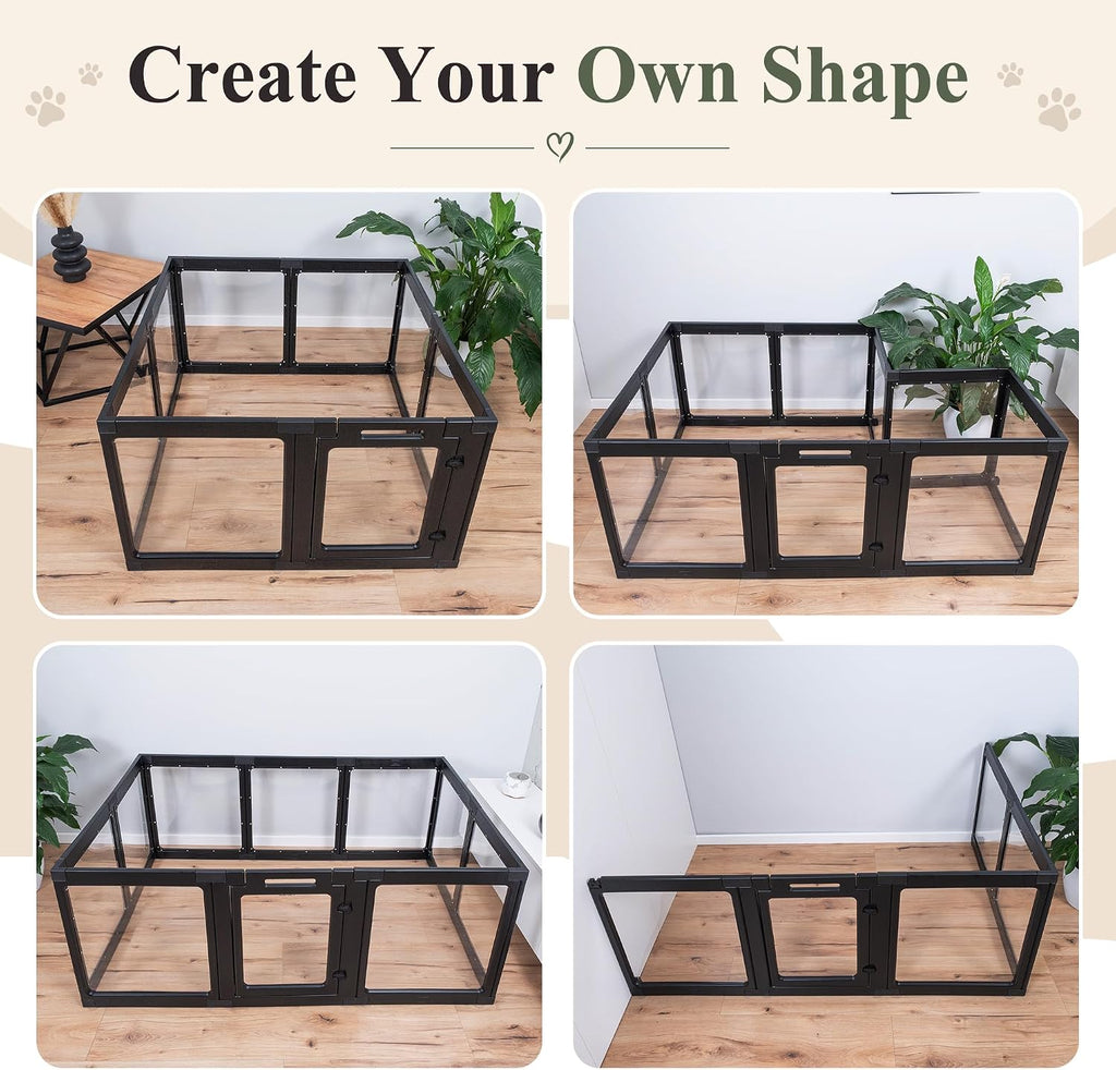 Transparent Indoor Dog Playpen with Safety Lock, Indoor Dog Fence for Small & Medium Pets | Secure, Stylish, Easy Clean Play Pen for Dogs & Pets with Scratch Resistant Panels (24''H,Black, 10 Panel)