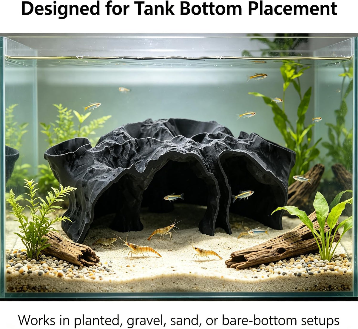 Black Aquarium Cave for Fish Tank, 3D Printed Fish Hideout Tunnel
