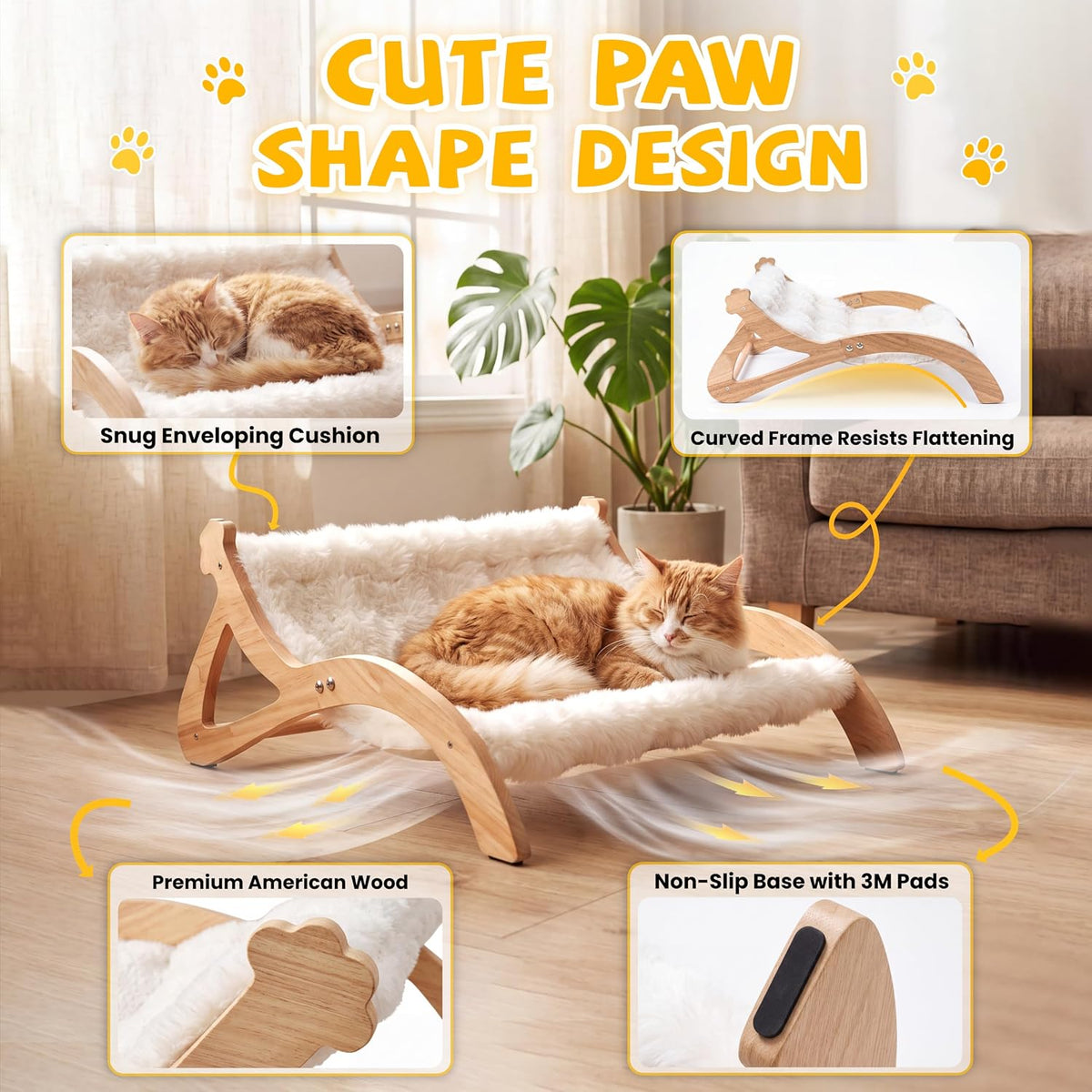 Elevated Cat Bed for Indoor Cats, Cute Paw-Shape Cat Hammock Couch with Cozy Washable Cushion, Solid Wood Pet Furniture for Kitty, Puppy & Bunny (Soft Cream)