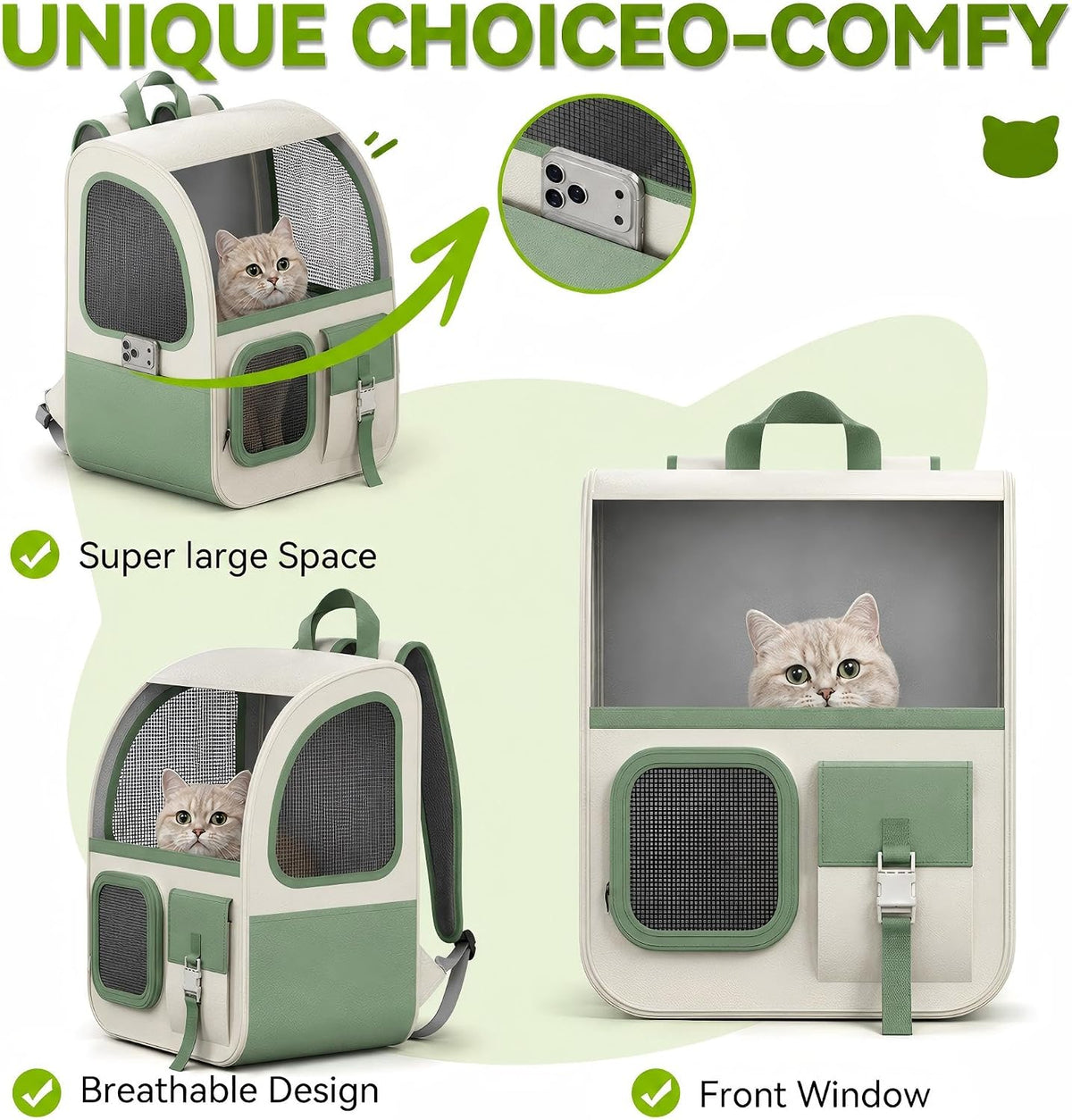 Large Cat Backpack Carrier with Front Window & Super Large Space, Designed for Long Adventures Travel Hiking, Pet Carrier Backpack for Cats Small Puppies up to 16.5lbs, Green White