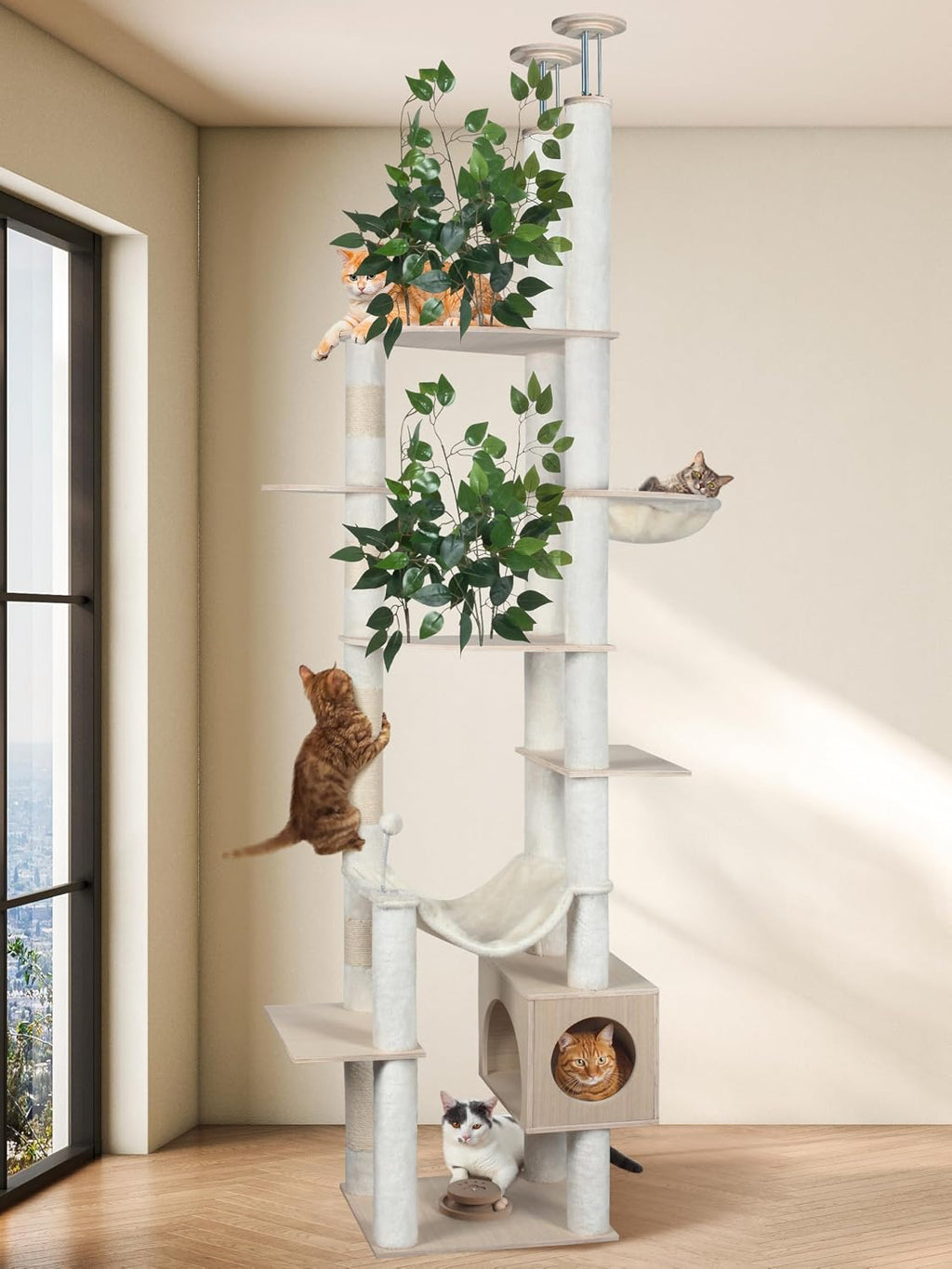 Floor to Ceiling Cat Tree Adjustable 97-124'' Tall for Indoor Cats